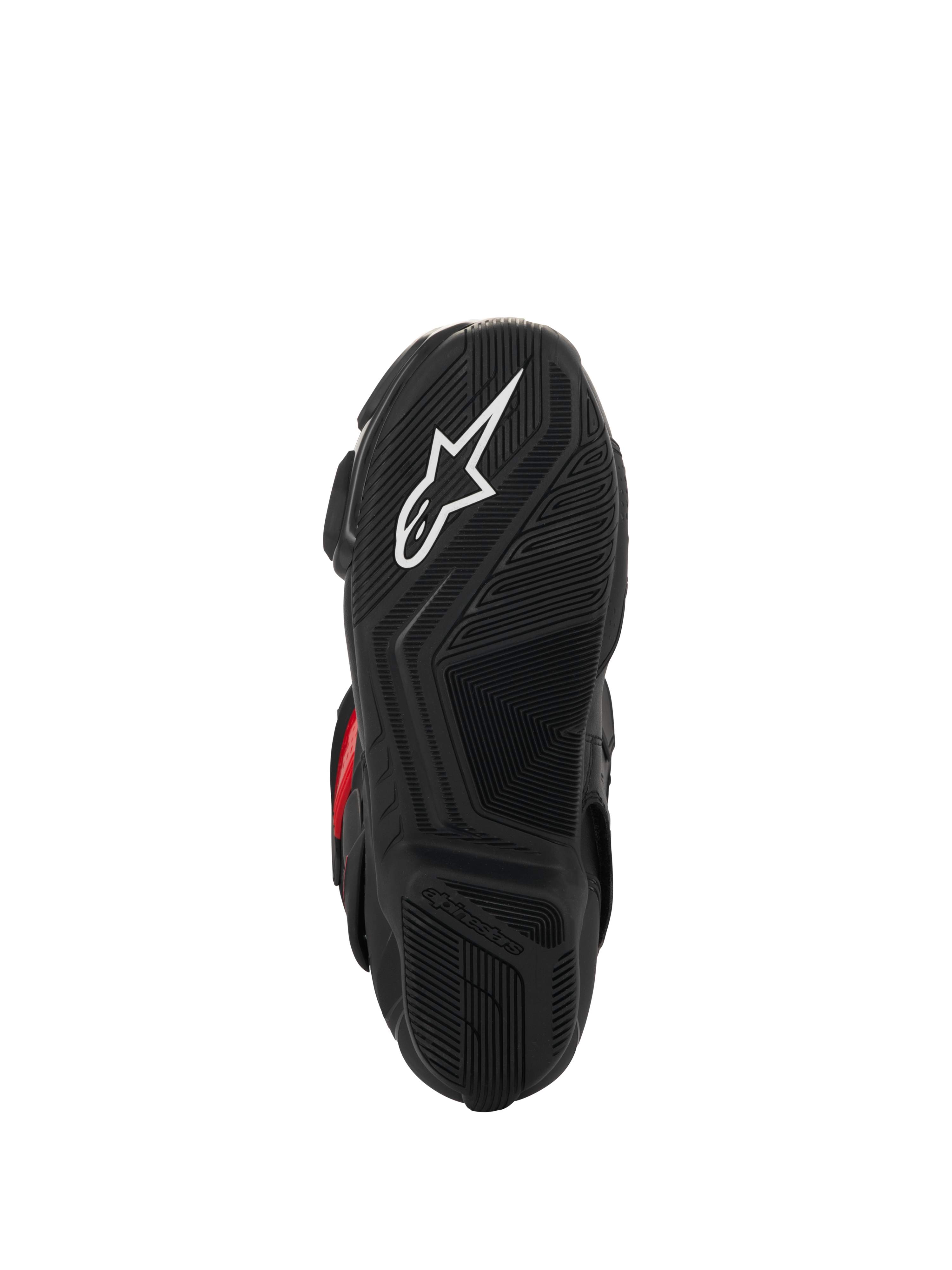 Stivali Alpinestars SMX-6 V3 Drystar®, vista della suola, gomma nera testurizzata per il grip, con logo a stella bianco e marchio Alpinestars in rilievo, calzature da moto ad alte prestazioni.