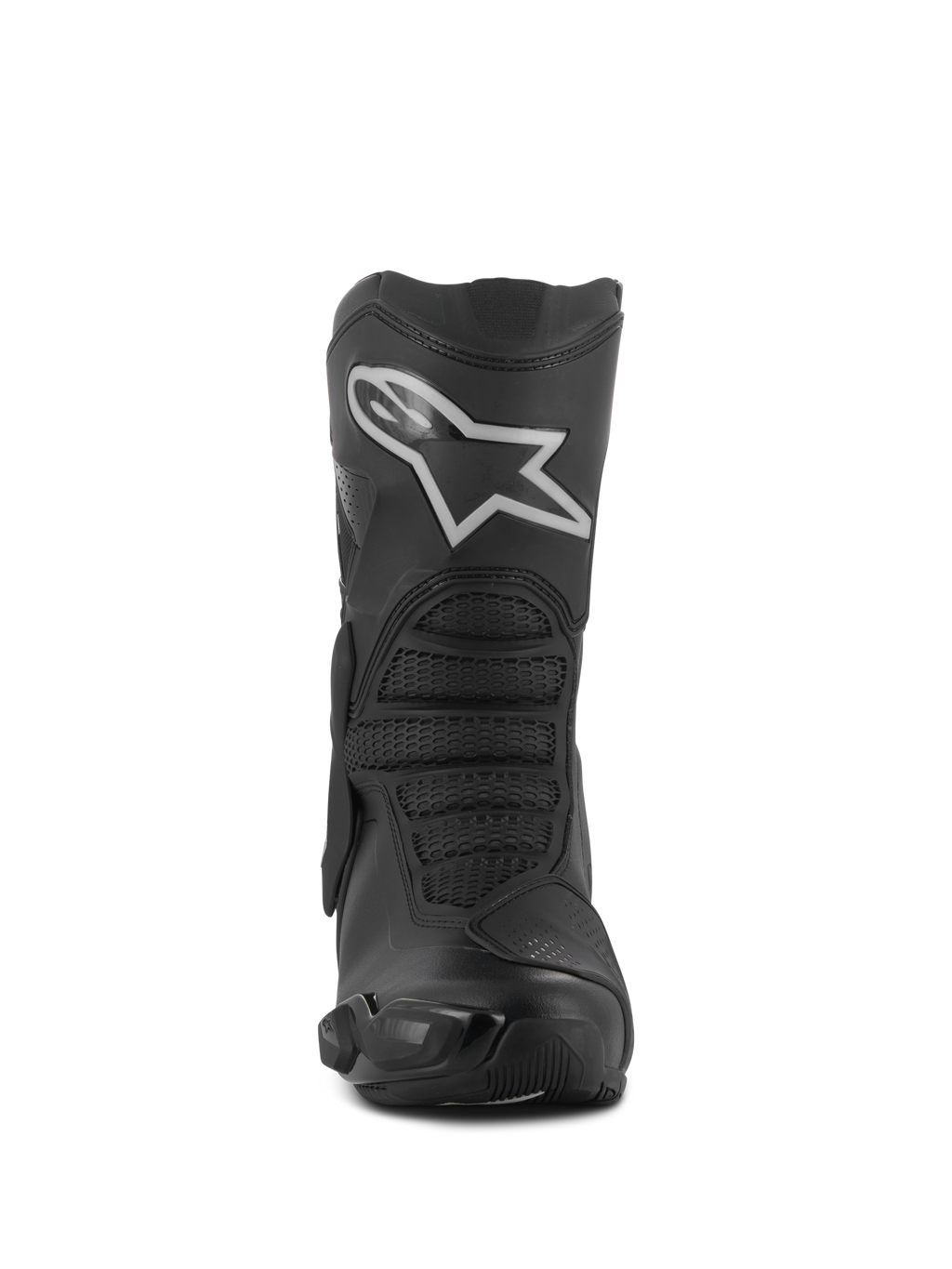 Stivali Alpinestars Stella SMX-6 V3 Drystar®, stivali da moto per donna, nero e argento, vista frontale con logo Astar bianco sulla placca tibiale, costruzione in microfibra avanzata con zone protettive testurizzate