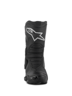 Stivali Alpinestars Stella SMX-6 V3 Drystar®, stivali da moto per donna, nero e argento, vista frontale con logo Astar bianco sulla placca tibiale, costruzione in microfibra avanzata con zone protettive testurizzate