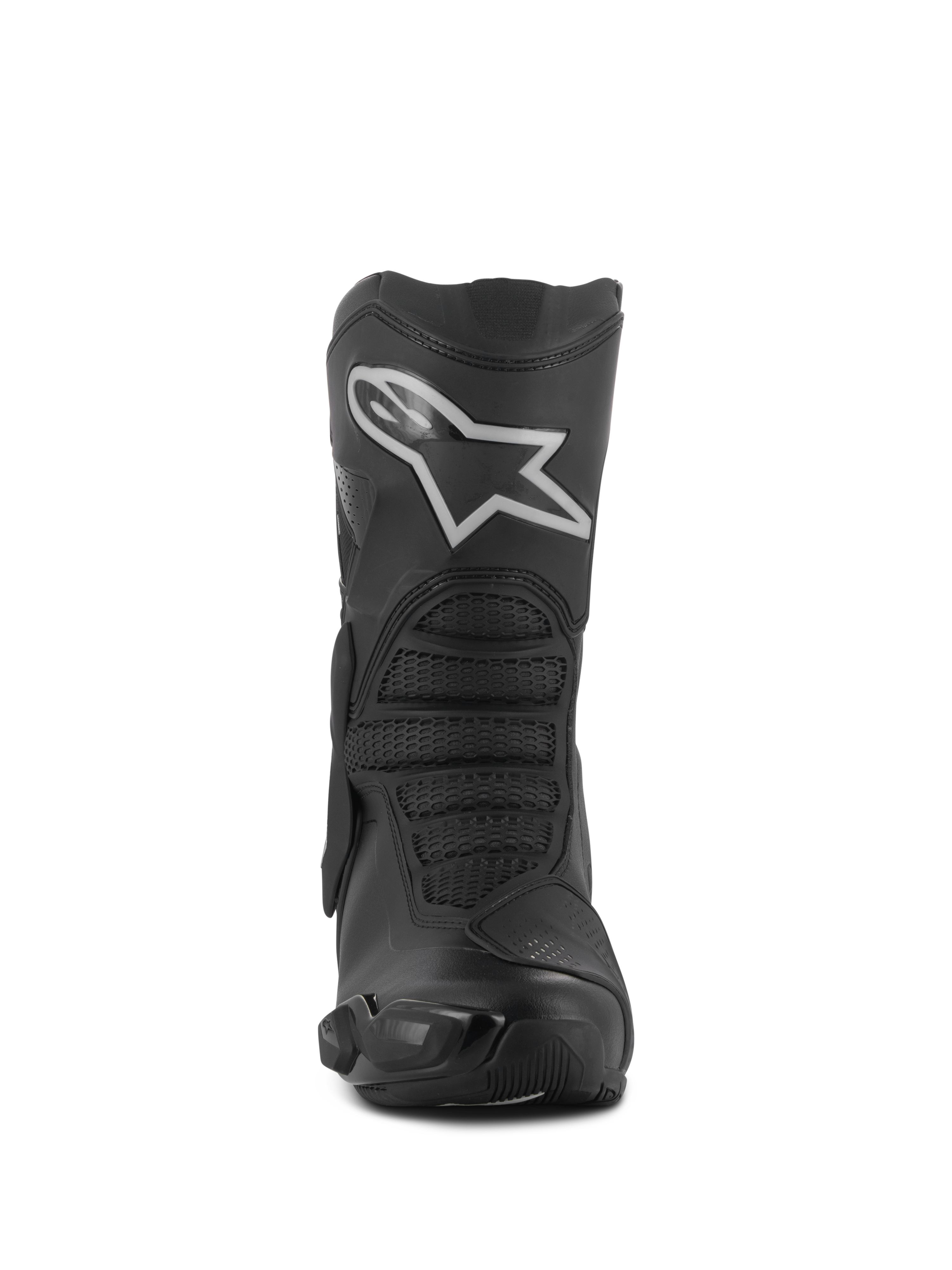 Stivali Alpinestars Stella SMX-6 V3 Drystar®, stivali da moto per donna, nero e argento, vista frontale con logo Astar bianco sulla placca tibiale, costruzione in microfibra avanzata con zone protettive testurizzate