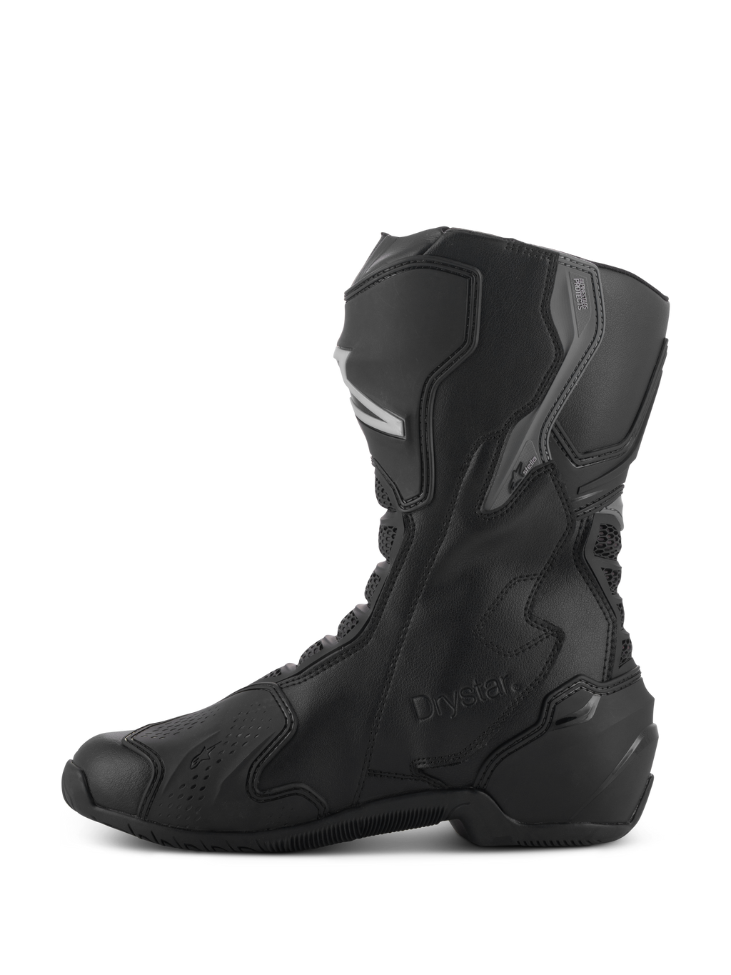 Alpinestars Stivali Stella SMX-6 V3 Drystar®, stivali da moto impermeabili da donna, nero e argento, vista laterale con protezioni per stinco e caviglia in TPU, logo Drystar in rilievo, costruzione in microfibra resistente per guida sportiva e stradale.