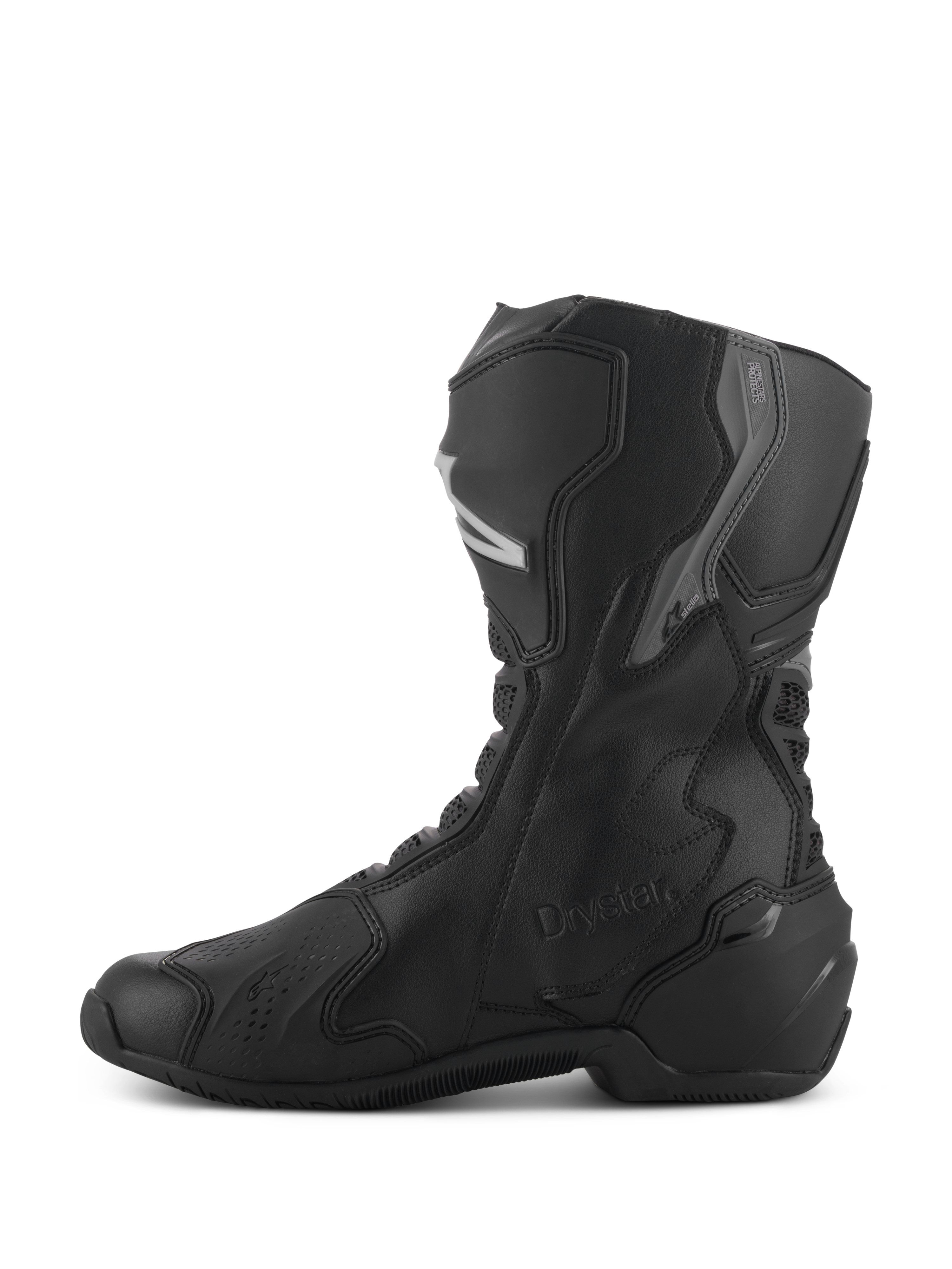 Alpinestars Stivali Stella SMX-6 V3 Drystar®, stivali da moto impermeabili da donna, nero e argento, vista laterale con protezioni per stinco e caviglia in TPU, logo Drystar in rilievo, costruzione in microfibra resistente per guida sportiva e stradale.