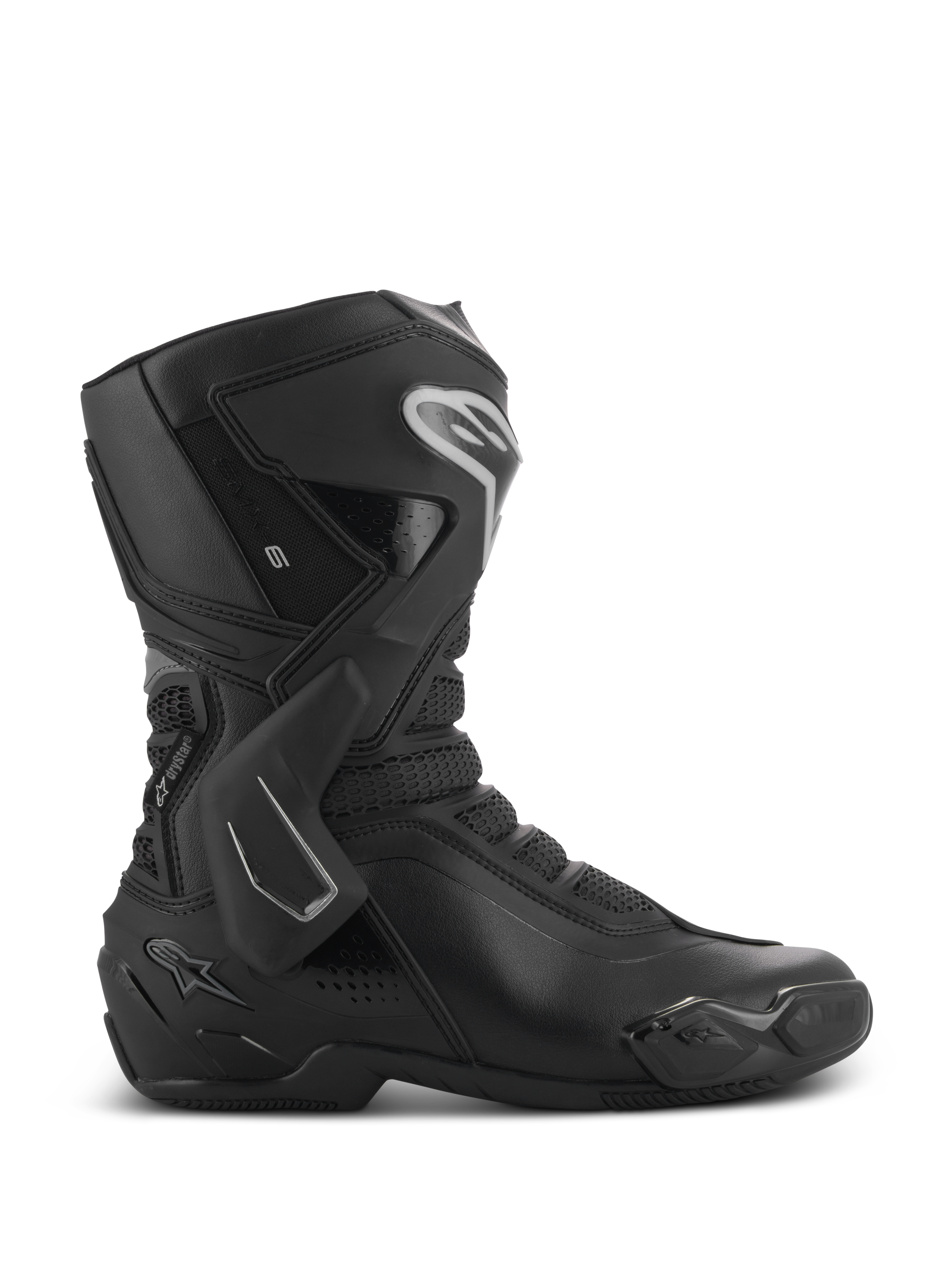 Stivali Alpinestars Stella SMX-6 V3 Drystar, stivali da moto da donna, neri con dettagli argento, membrana impermeabile Drystar, dotati di placca tibiale in TPU, protezione della caviglia e slider, abbigliamento tecnico da moto