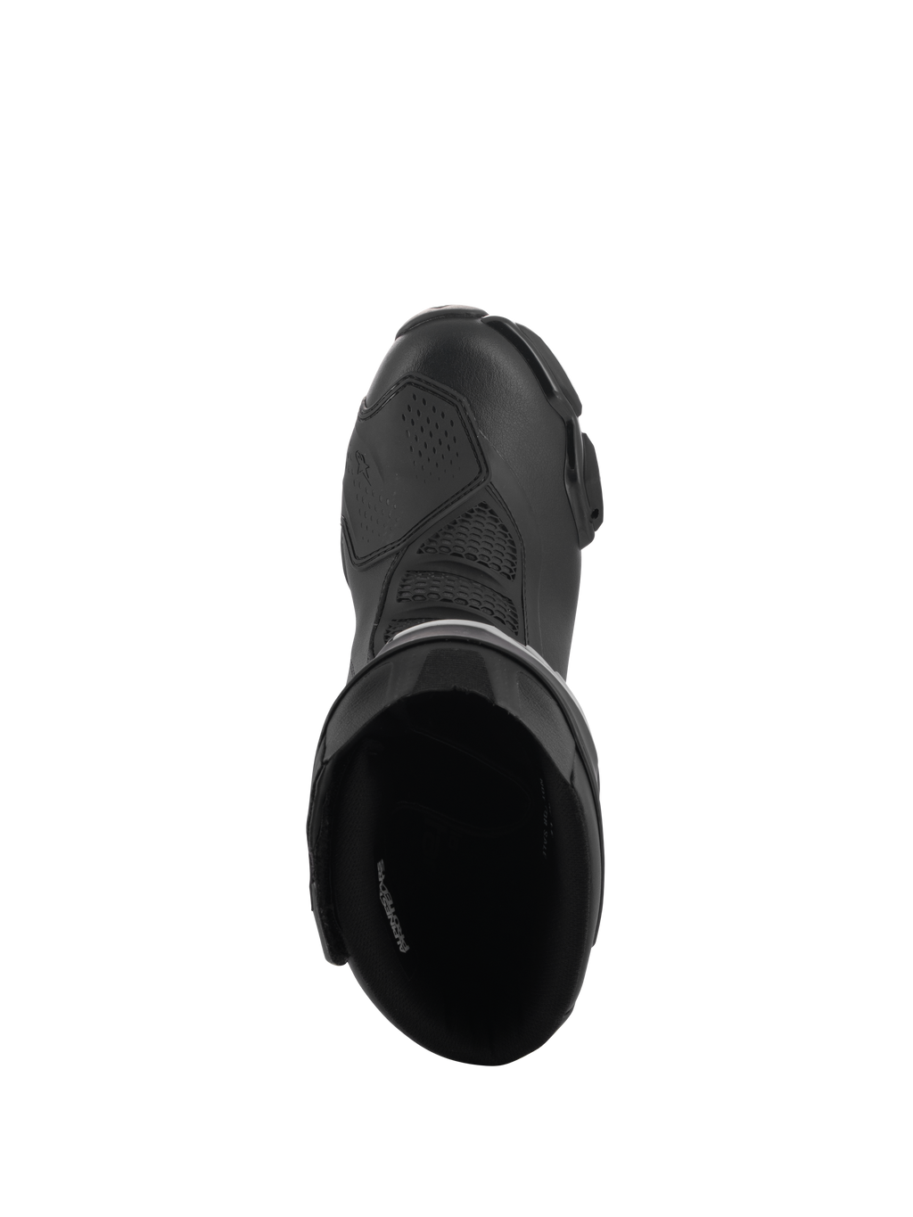 Stivali Alpinestars Stella SMX-6 V3 Drystar®, stivali da moto da donna ad alte prestazioni, nero, vista dall'alto che mostra l'apertura interna imbottita e la tomaia in microfibra testurizzata con paraleva protettivo