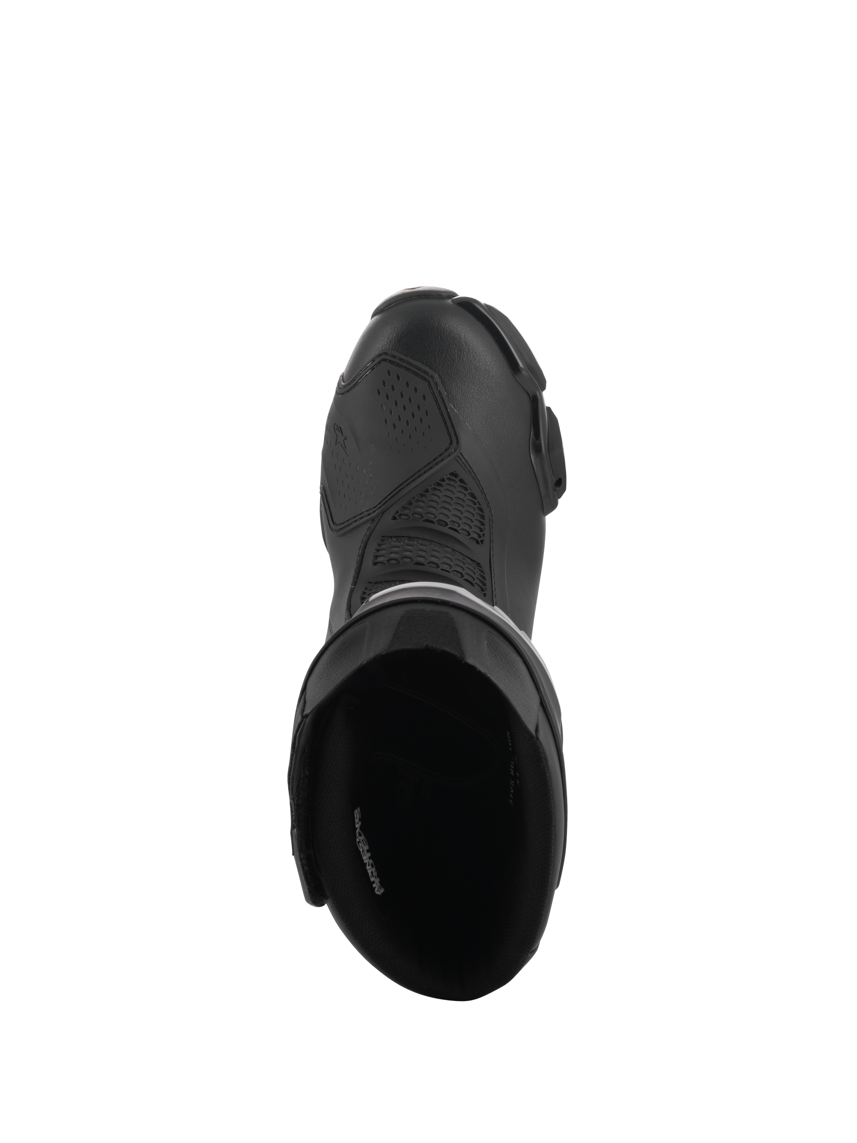 Stivali Alpinestars Stella SMX-6 V3 Drystar®, stivali da moto da donna ad alte prestazioni, nero, vista dall'alto che mostra l'apertura interna imbottita e la tomaia in microfibra testurizzata con paraleva protettivo