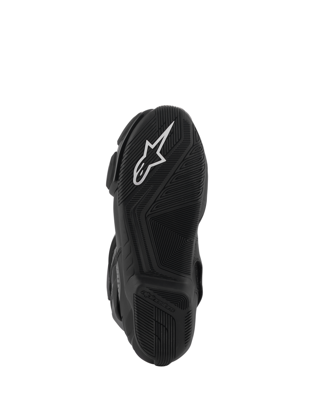 Stivali Alpinestars Stella SMX-6 V3 Drystar®, vista inferiore della suola in gomma nera con logo a stella Alpinestars bianco, trama testurizzata per il grip e la trazione, design aerodinamico per un controllo ottimale della moto