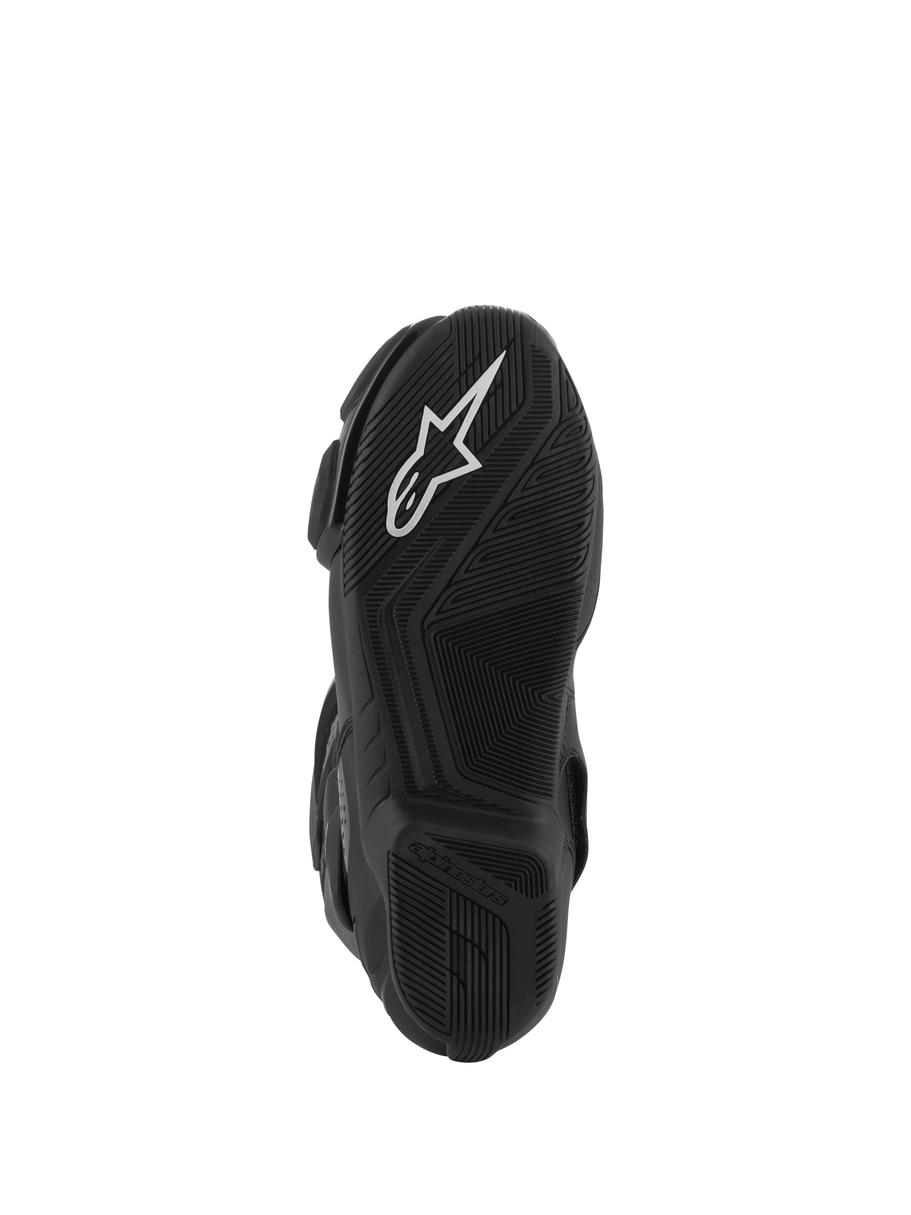 Stivali Alpinestars Stella SMX-6 V3 Drystar®, vista inferiore della suola in gomma nera con logo a stella Alpinestars bianco, trama testurizzata per il grip e la trazione, design aerodinamico per un controllo ottimale della moto