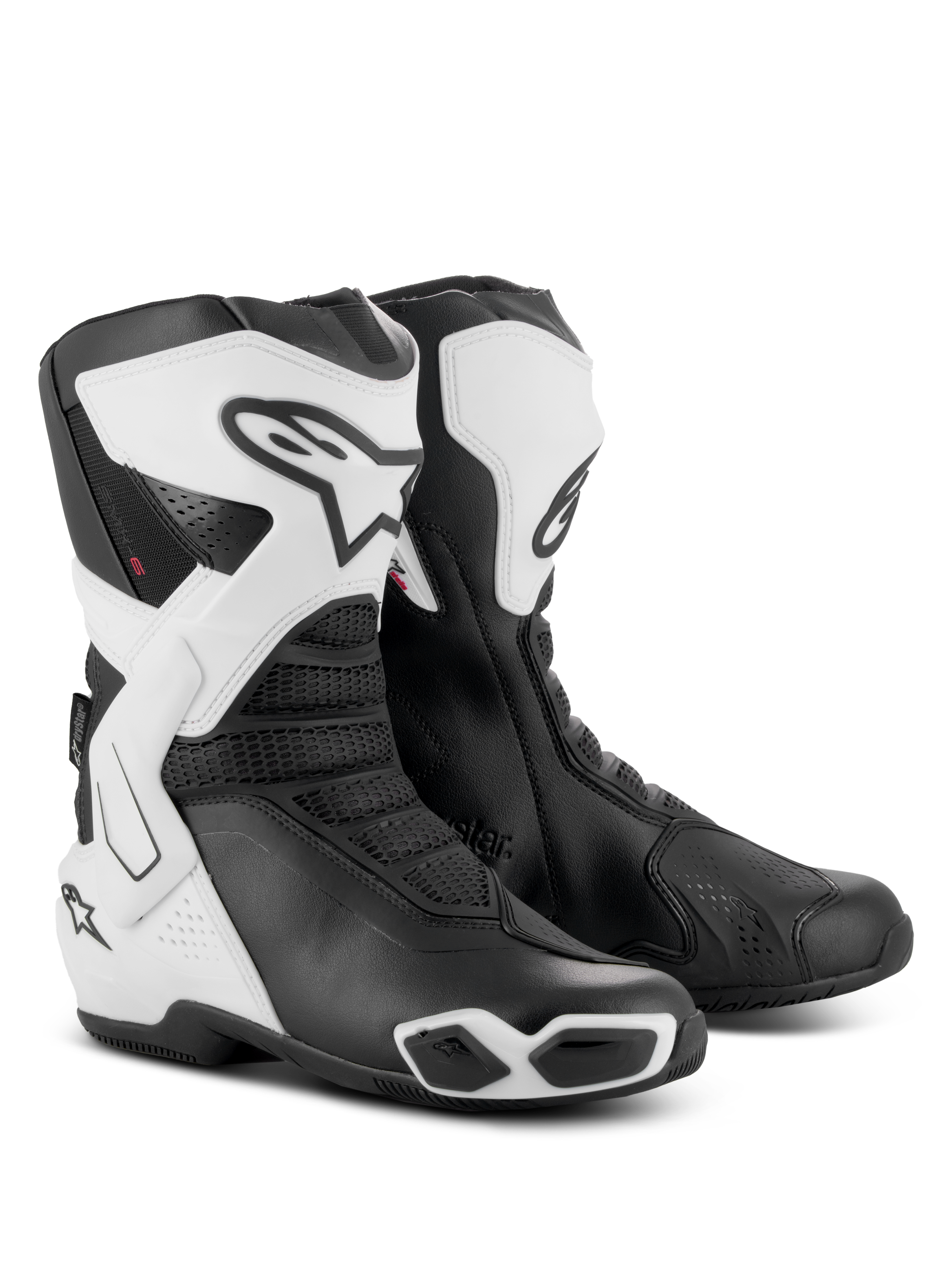 Stivali Alpinestars Stella SMX-6 V3 Drystar®, stivali da moto performanti da donna, bianco e nero, dotati di placche parastinchi protettive in TPU, supporti laterali per la caviglia e slider integrati, design sportivo con logo Alpinestars e inserti in mesh