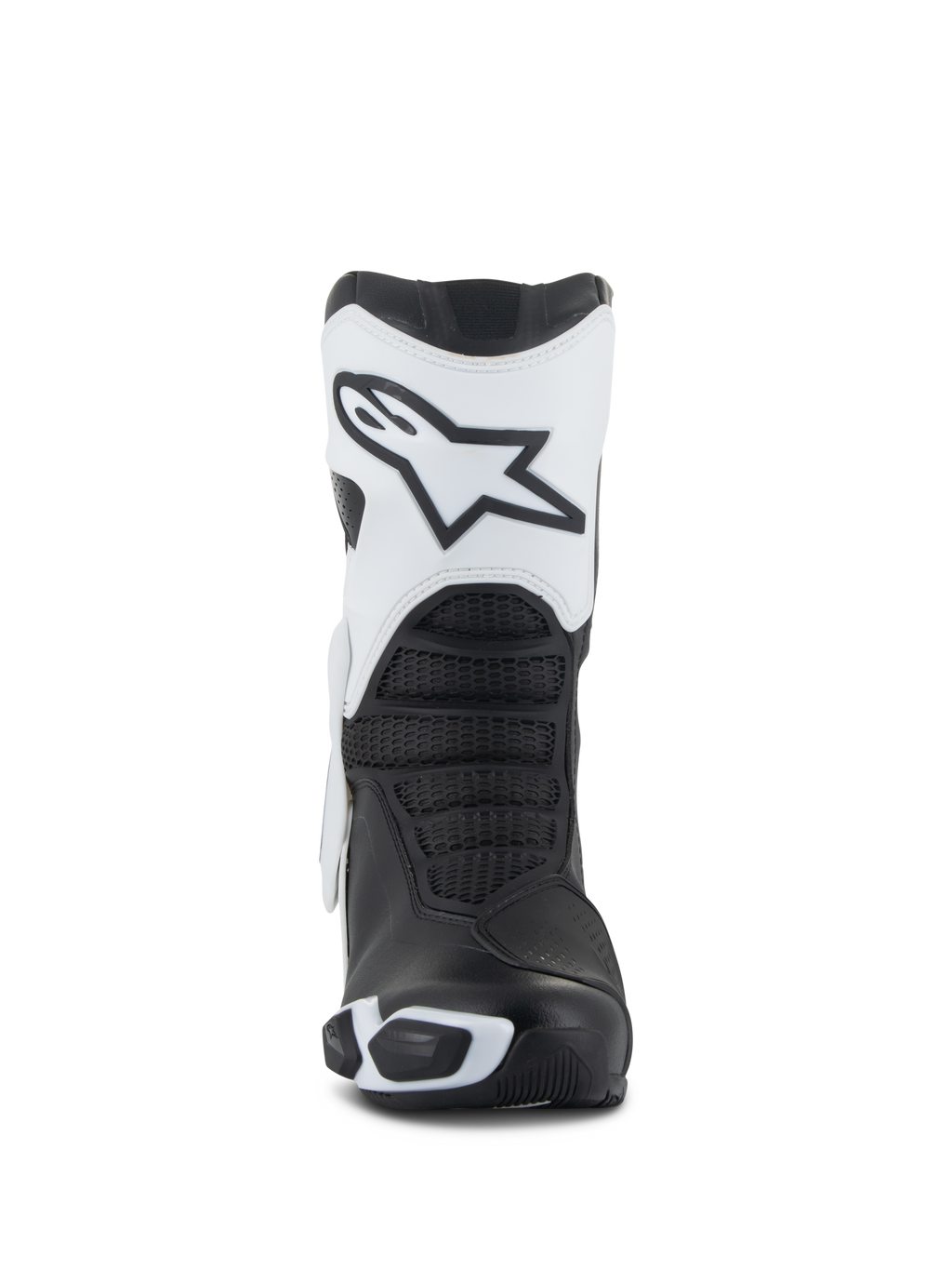 Stivali Alpinestars Stella SMX-6 V3 Drystar®, stivali da moto da donna, bianco e nero, vista frontale che mostra la placca tibiale bianca con il logo Astars, zone di flessione testurizzate nere ed elementi protettivi in TPU per la guida sportiva.