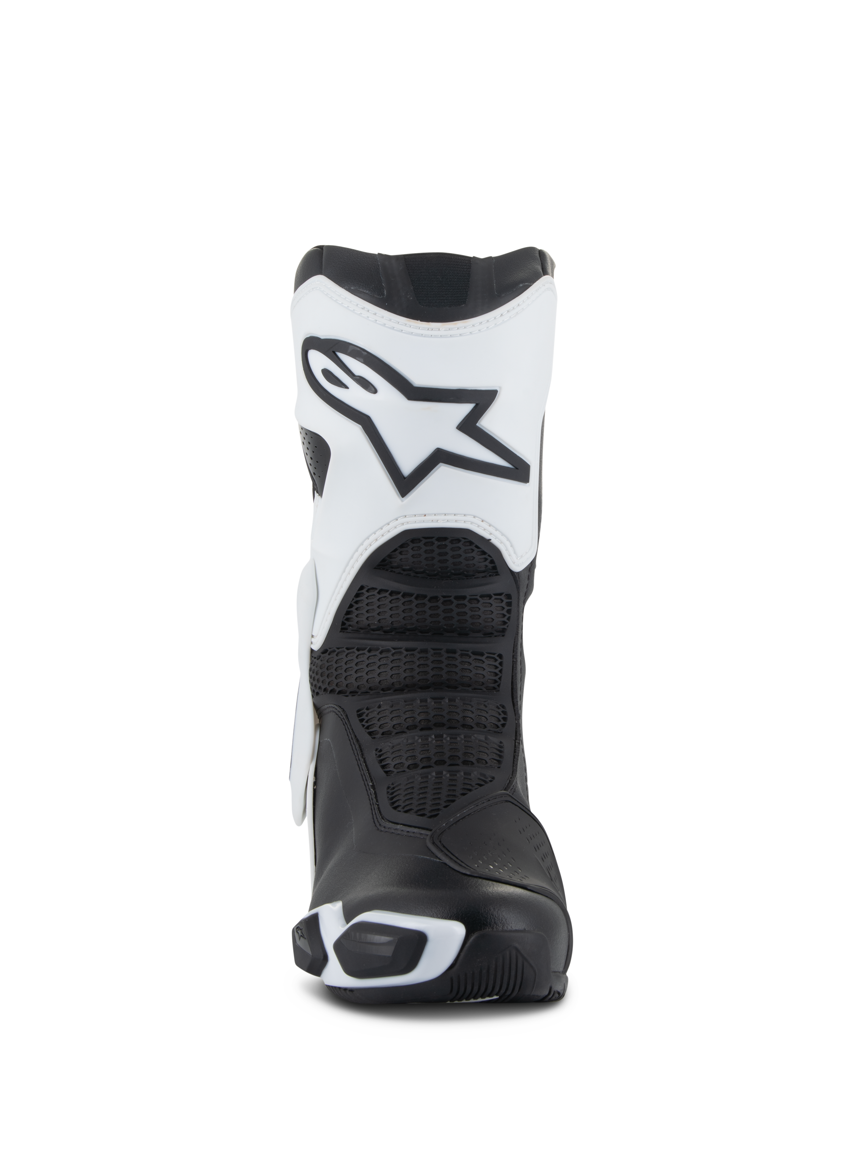 Stivali Alpinestars Stella SMX-6 V3 Drystar®, stivali da moto da donna, bianco e nero, vista frontale che mostra la placca tibiale bianca con il logo Astars, zone di flessione testurizzate nere ed elementi protettivi in TPU per la guida sportiva.