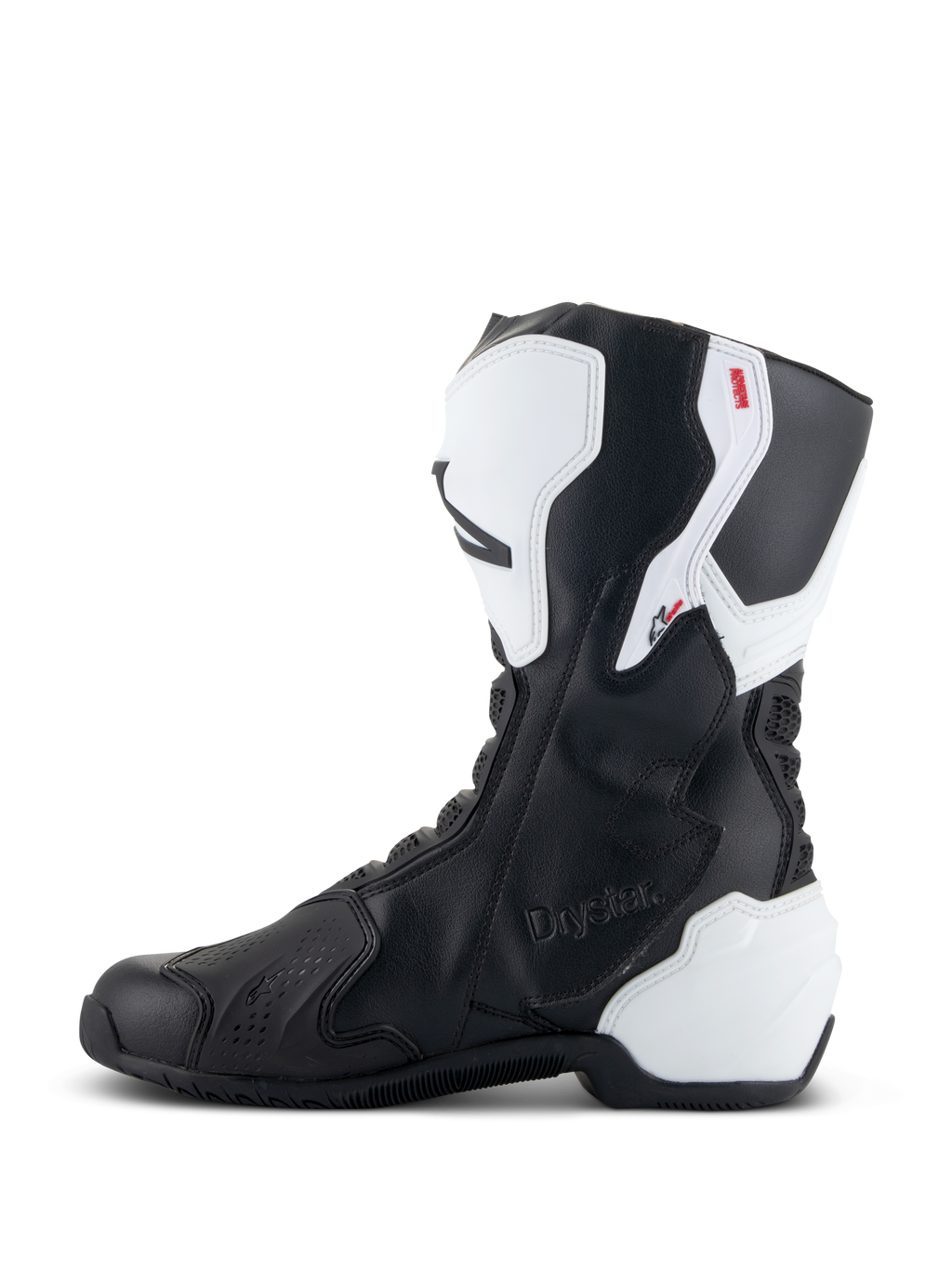 Stivali Alpinestars Stella SMX-6 V3 Drystar®, stivali da moto performanti da donna, bianco e nero, vista laterale mediale con logo Drystar in rilievo, protezioni in TPU bianco su tibia e tallone e tomaia in microfibra nera per prestazioni su pista e strada.