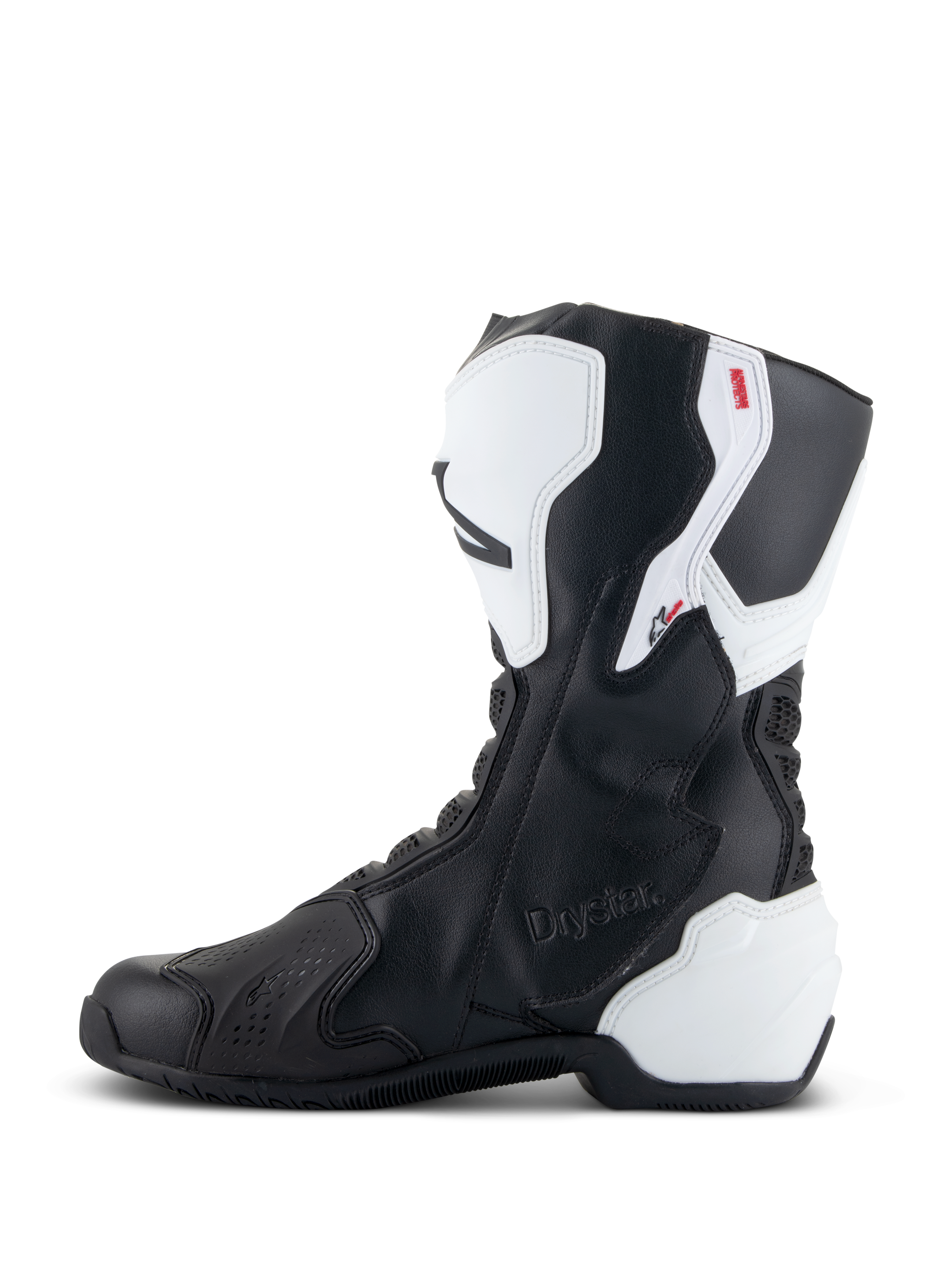 Stivali Alpinestars Stella SMX-6 V3 Drystar®, stivali da moto performanti da donna, bianco e nero, vista laterale mediale con logo Drystar in rilievo, protezioni in TPU bianco su tibia e tallone e tomaia in microfibra nera per prestazioni su pista e strada.