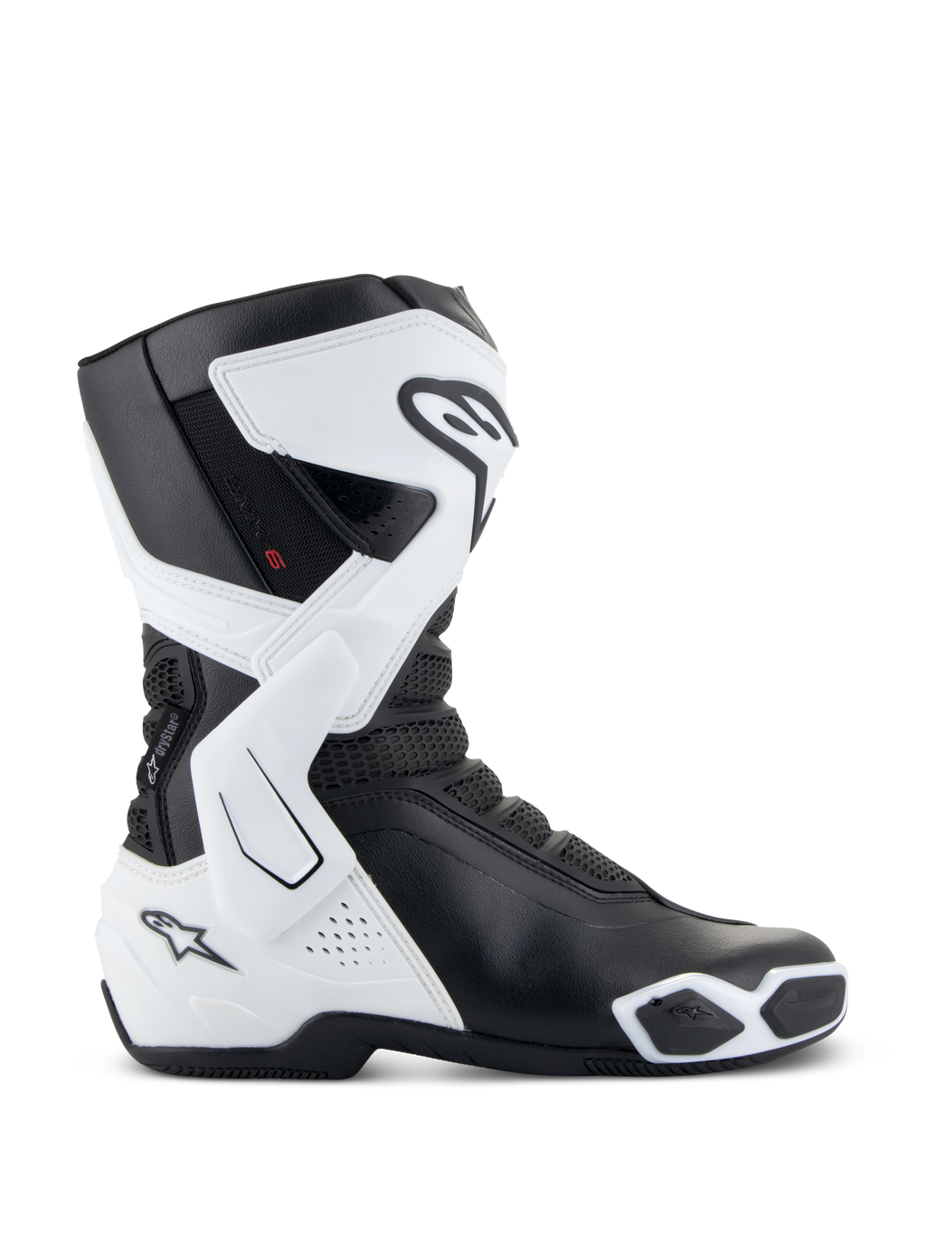 Alpinestars Stella SMX-6 V3 Drystar®, stivali da moto donna, bianco e nero, vista laterale con tecnologia impermeabile Drystar®, protezioni in TPU su stinco e caviglia, zone di flessione in mesh e design ergonomico per guida sportiva