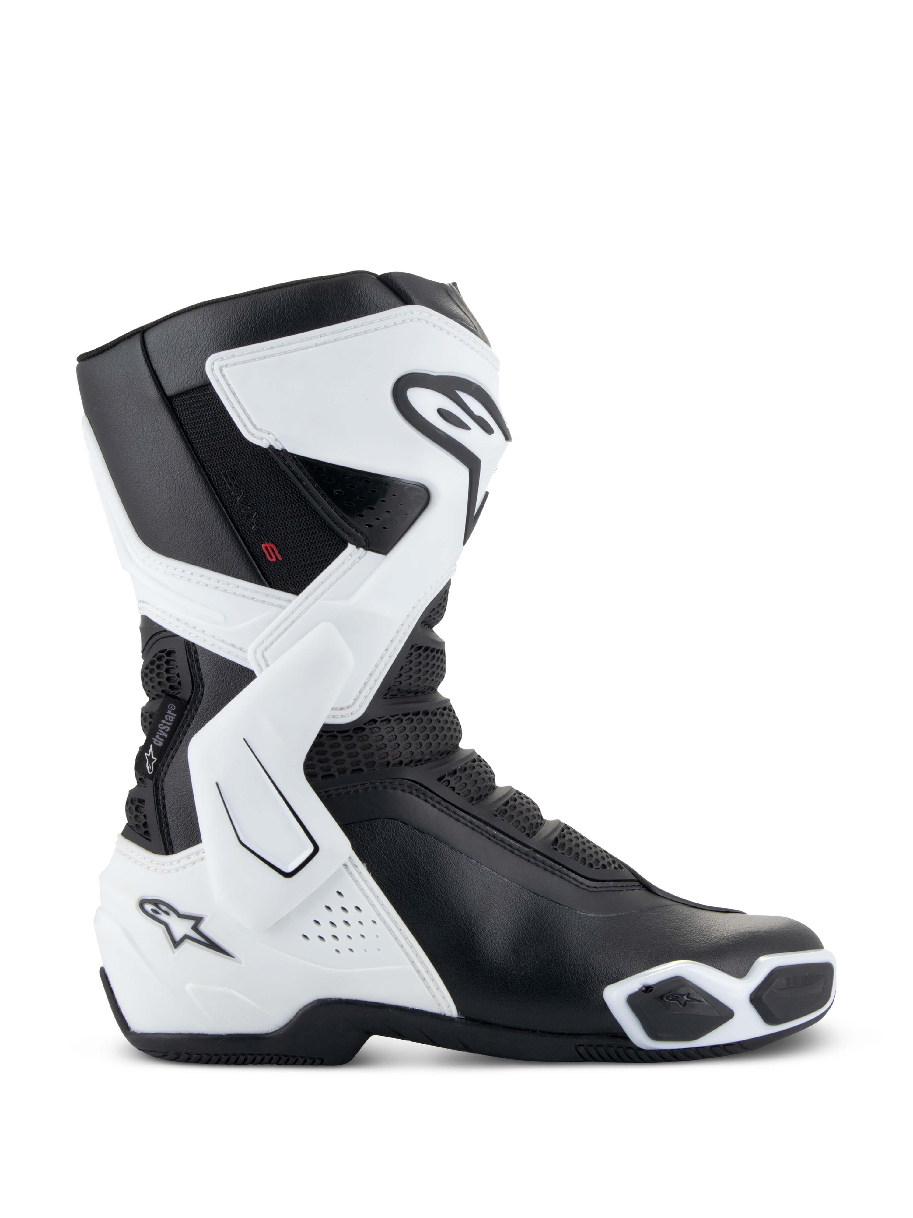 Alpinestars Stella SMX-6 V3 Drystar®, stivali da moto donna, bianco e nero, vista laterale con tecnologia impermeabile Drystar®, protezioni in TPU su stinco e caviglia, zone di flessione in mesh e design ergonomico per guida sportiva