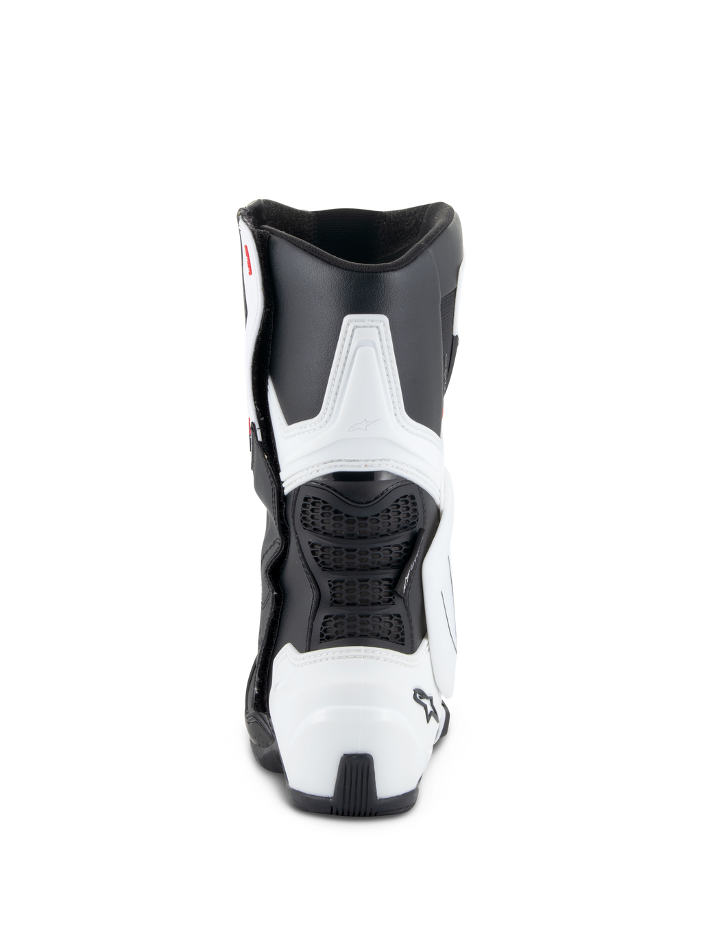 Stivali Alpinestars Stella SMX-6 V3 Drystar®, stivali da moto da donna, bianco e nero, vista posteriore con protezione in TPU su polpaccio e tallone, pannelli flessibili in mesh nero e design ergonomico di derivazione racing.