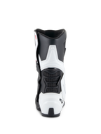 Stivali Alpinestars Stella SMX-6 V3 Drystar®, stivali da moto da donna, bianco e nero, vista posteriore con protezione in TPU su polpaccio e tallone, pannelli flessibili in mesh nero e design ergonomico di derivazione racing.