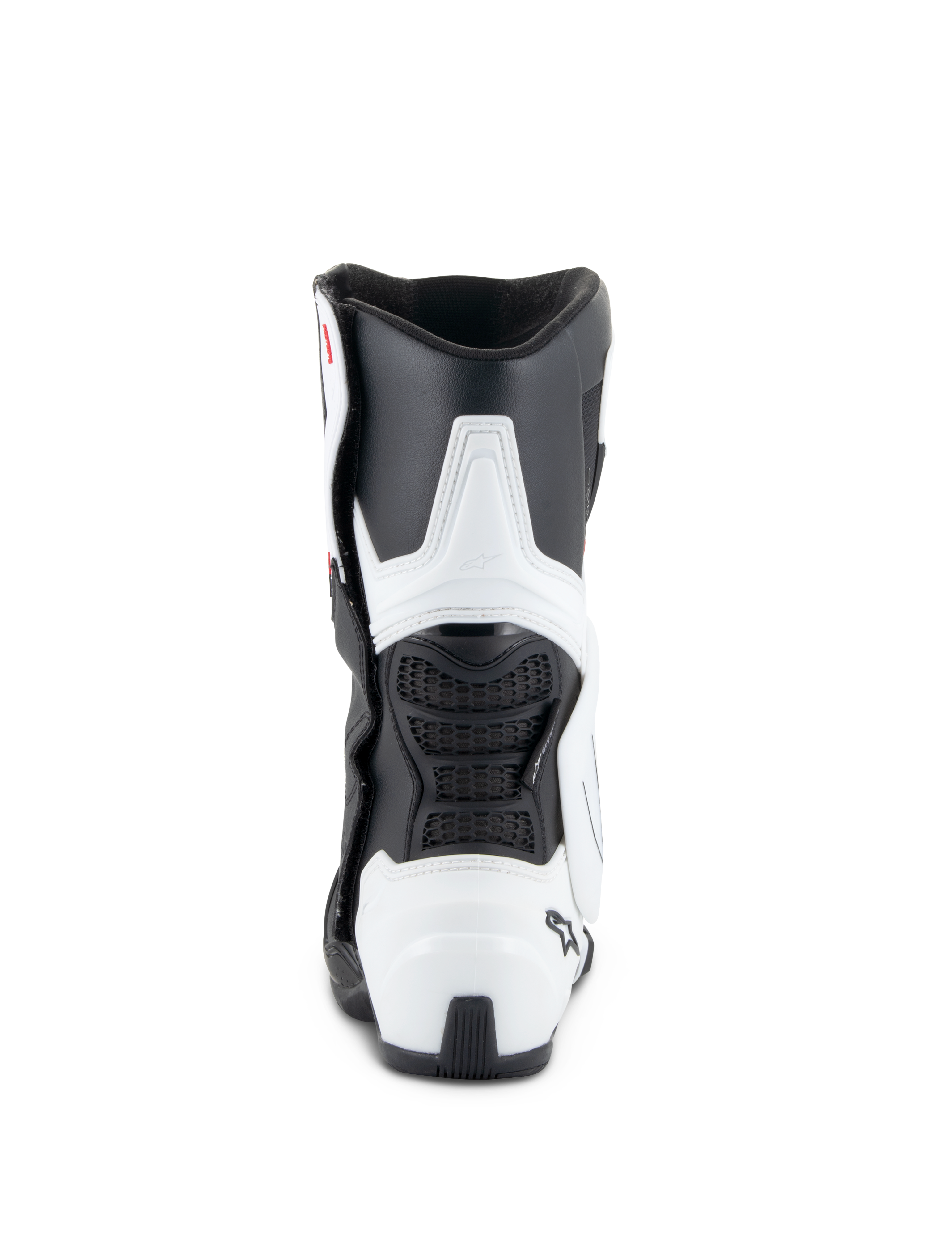 Stivali Alpinestars Stella SMX-6 V3 Drystar®, stivali da moto da donna, bianco e nero, vista posteriore con protezione in TPU su polpaccio e tallone, pannelli flessibili in mesh nero e design ergonomico di derivazione racing.