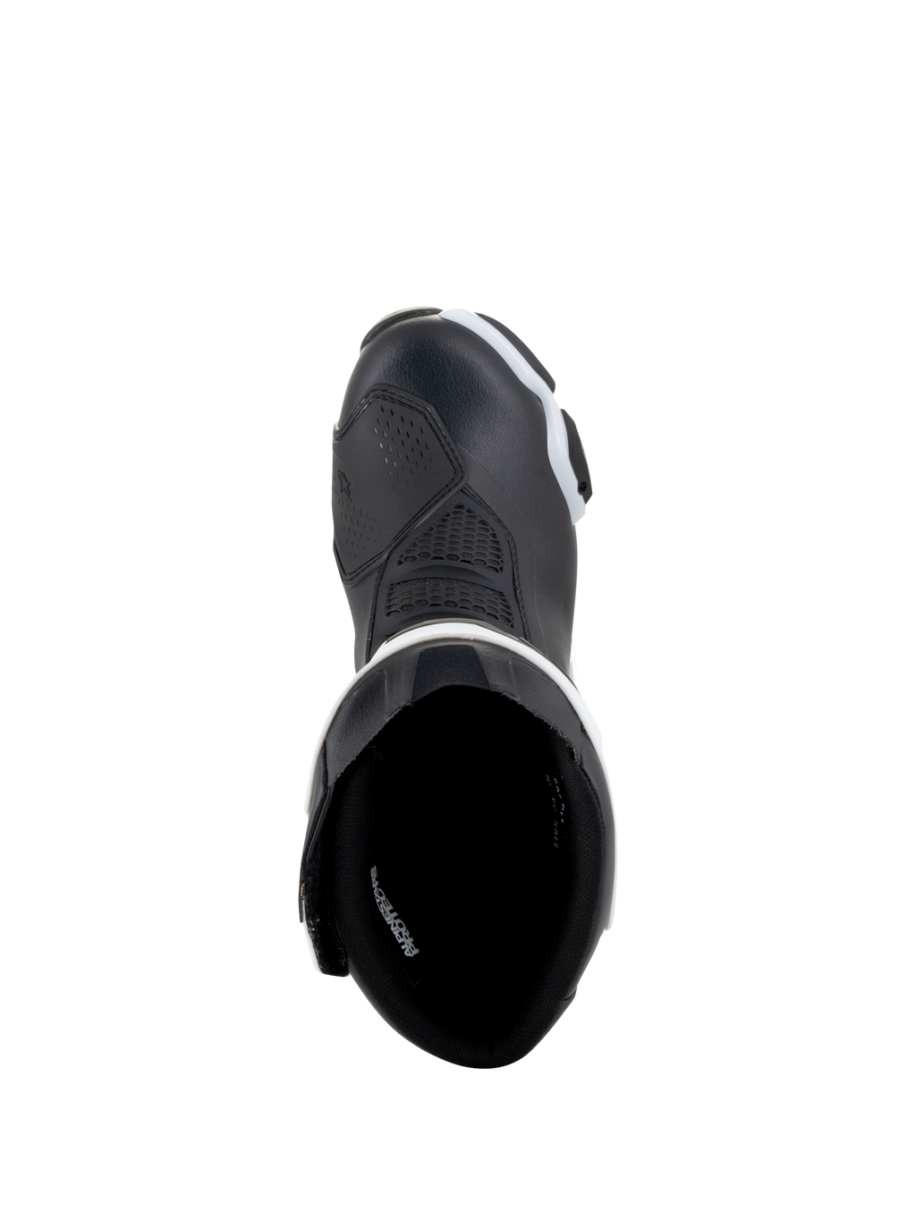 Stivali Alpinestars Stella SMX-6 V3 Drystar®, stivali da moto da donna, nero e bianco, vista dall'alto che mostra la fodera interna e la punta rinforzata, costruzione in microfibra impermeabile per guida in pista e su strada