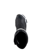 Stivali Alpinestars Stella SMX-6 V3 Drystar®, stivali da moto da donna, nero e bianco, vista dall'alto che mostra la fodera interna e la punta rinforzata, costruzione in microfibra impermeabile per guida in pista e su strada