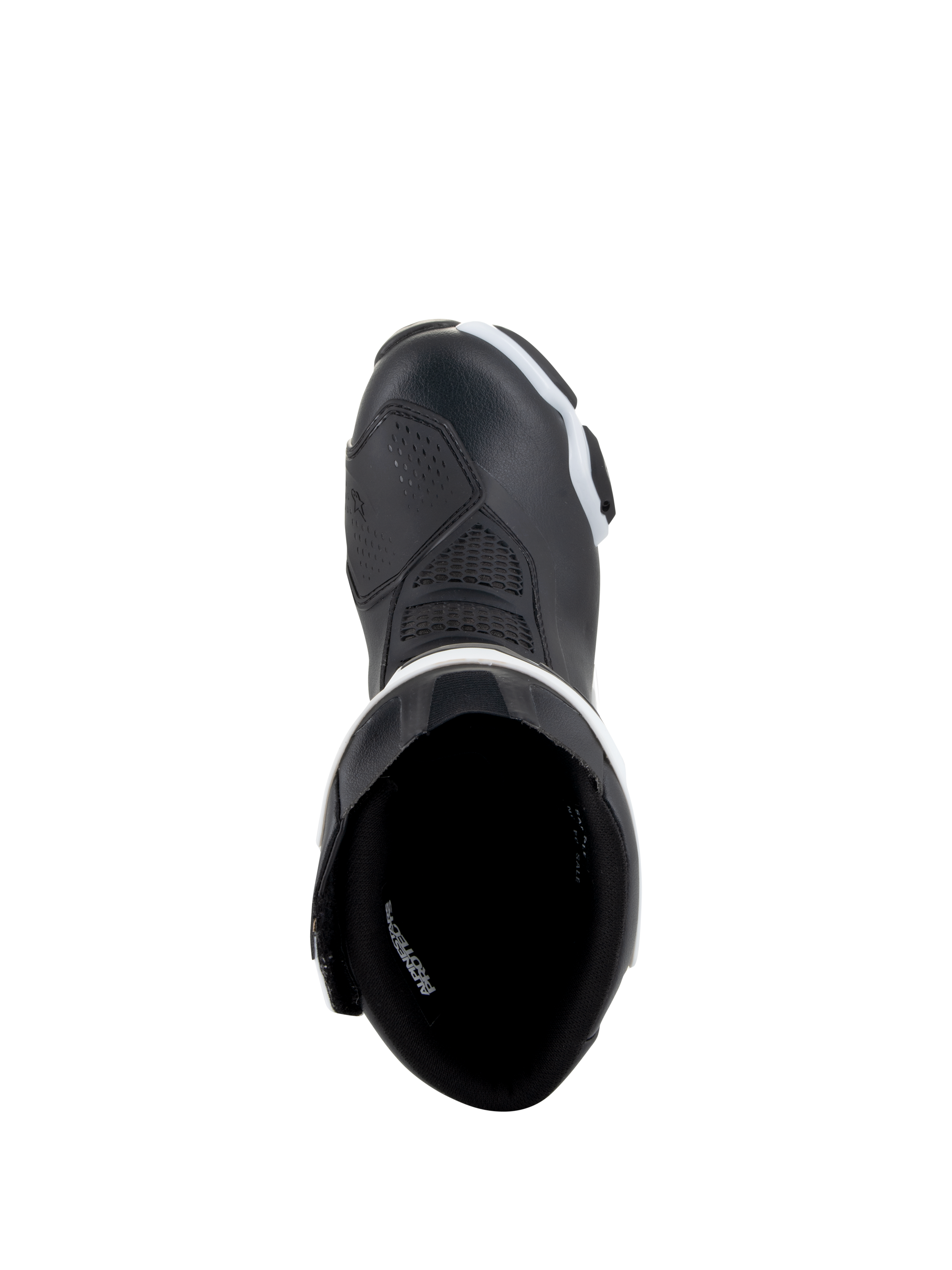 Stivali Alpinestars Stella SMX-6 V3 Drystar®, stivali da moto da donna, nero e bianco, vista dall'alto che mostra la fodera interna e la punta rinforzata, costruzione in microfibra impermeabile per guida in pista e su strada