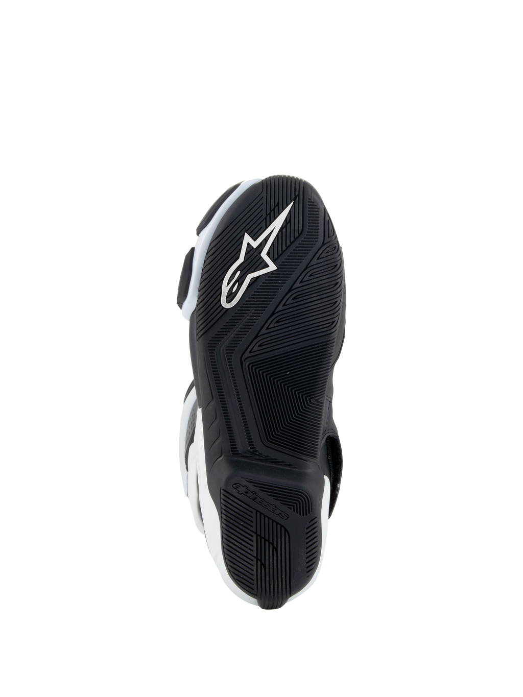 Stivali Alpinestars Stella SMX-6 V3 Drystar®, stivali da moto da donna, bianco e nero, vista della suola con suola esterna in gomma nera con motivo grip testurizzato, logo a stella Alpinestars bianco integrato e marchio sul tallone