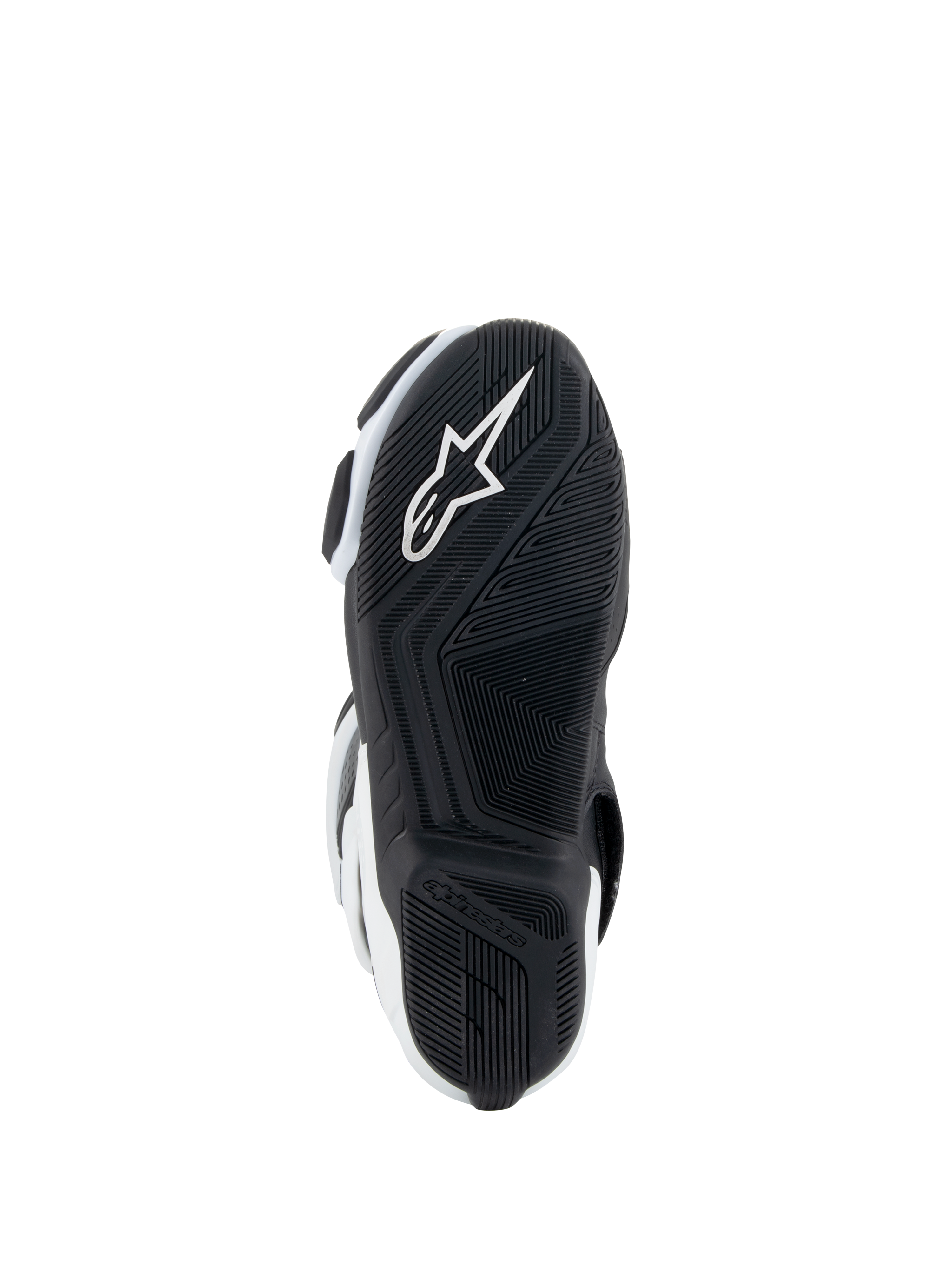 Stivali Alpinestars Stella SMX-6 V3 Drystar®, stivali da moto da donna, bianco e nero, vista della suola con suola esterna in gomma nera con motivo grip testurizzato, logo a stella Alpinestars bianco integrato e marchio sul tallone