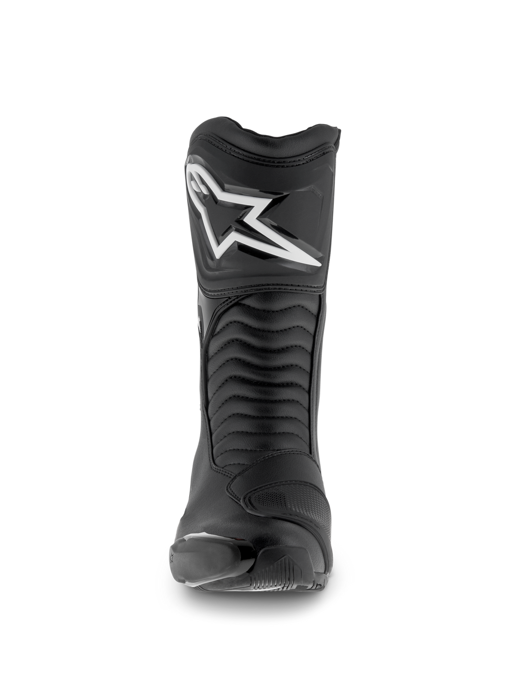 Stivali Alpinestars SMX S Waterproof, stivali da moto, nero, vista frontale con logo Astar bianco sulla placca tibiale, pannelli flessibili a fisarmonica e struttura in microfibra resistente per lo sport-touring