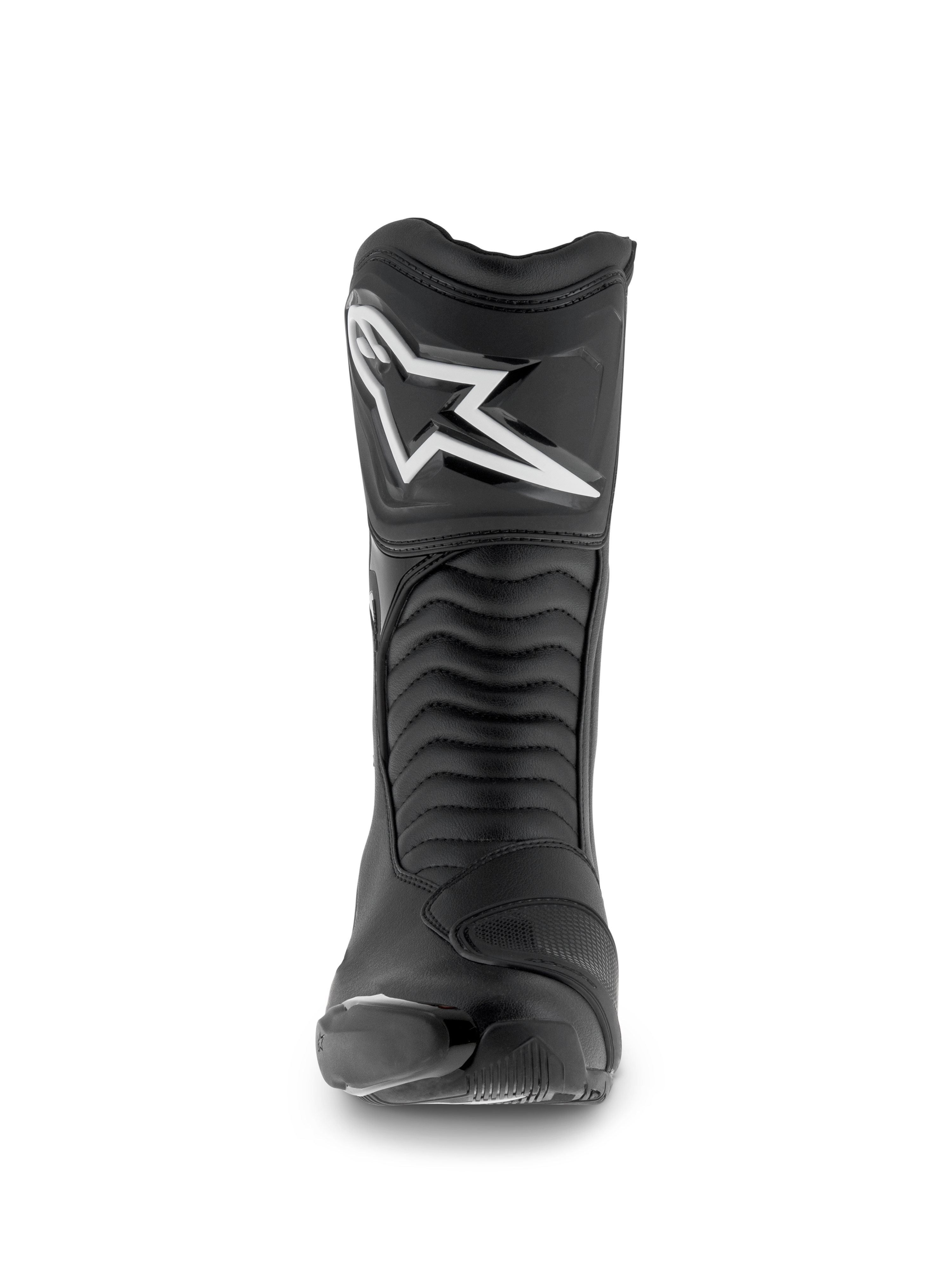 Stivali Alpinestars SMX S Waterproof, stivali da moto, nero, vista frontale con logo Astar bianco sulla placca tibiale, pannelli flessibili a fisarmonica e struttura in microfibra resistente per lo sport-touring
