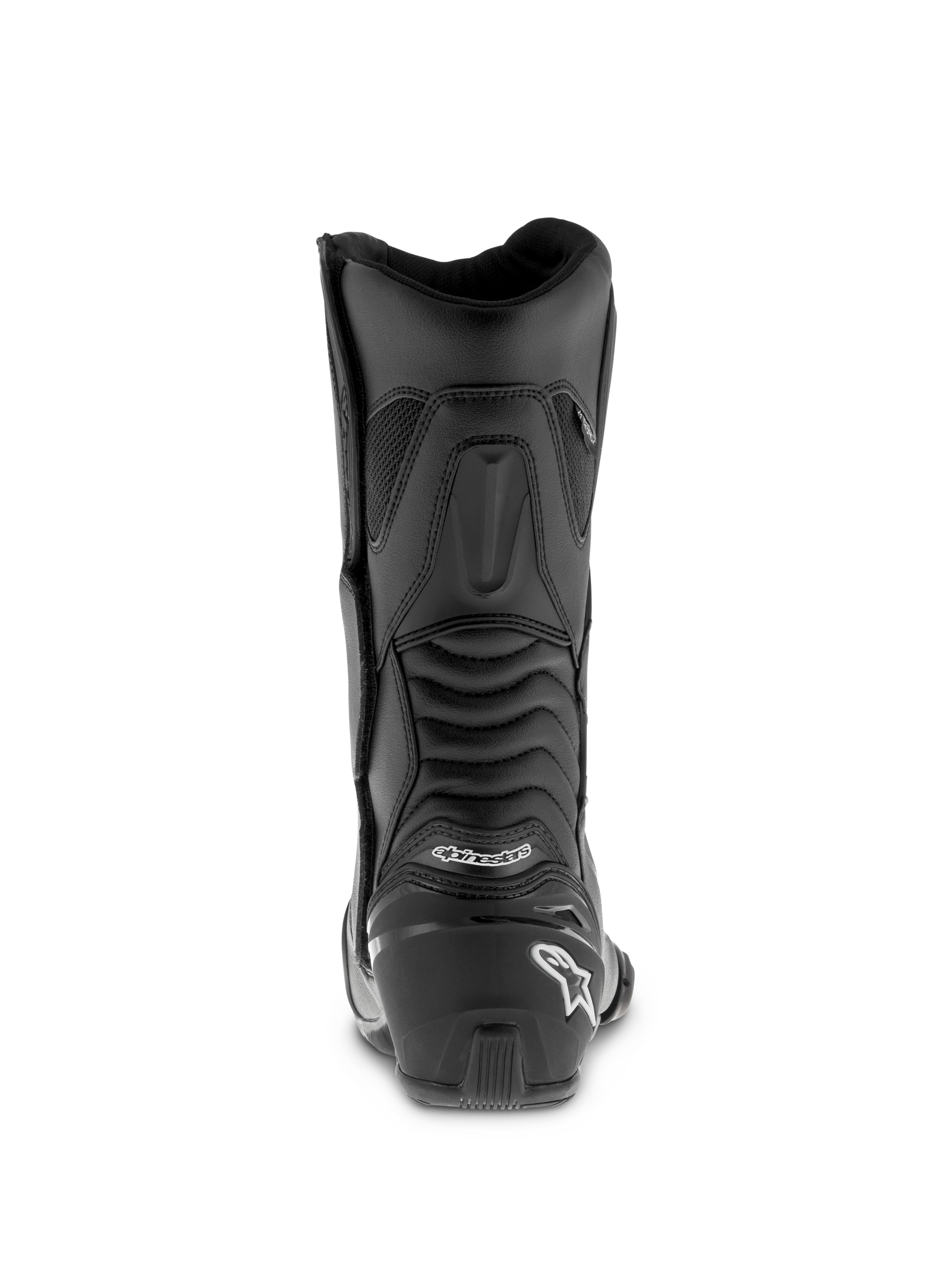 Stivali Alpinestars SMX S Waterproof, stivali da moto neri, profilo posteriore con tallone rinforzato e logo bianco, pannelli a fisarmonica per la mobilità della caviglia, robusta struttura in microfibra per lo sport-touring.
