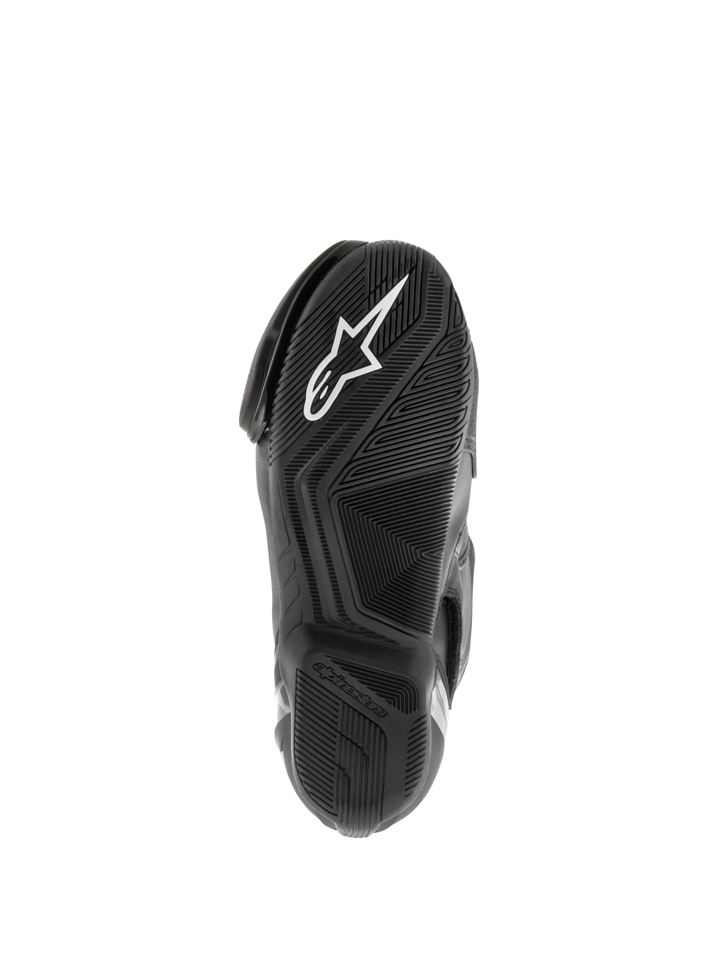 Stivali Alpinestars SMX S Waterproof, stivali da moto, nero, vista della suola in gomma testurizzata con logo Astar bianco e battistrada con disegno per la dispersione dell'acqua
