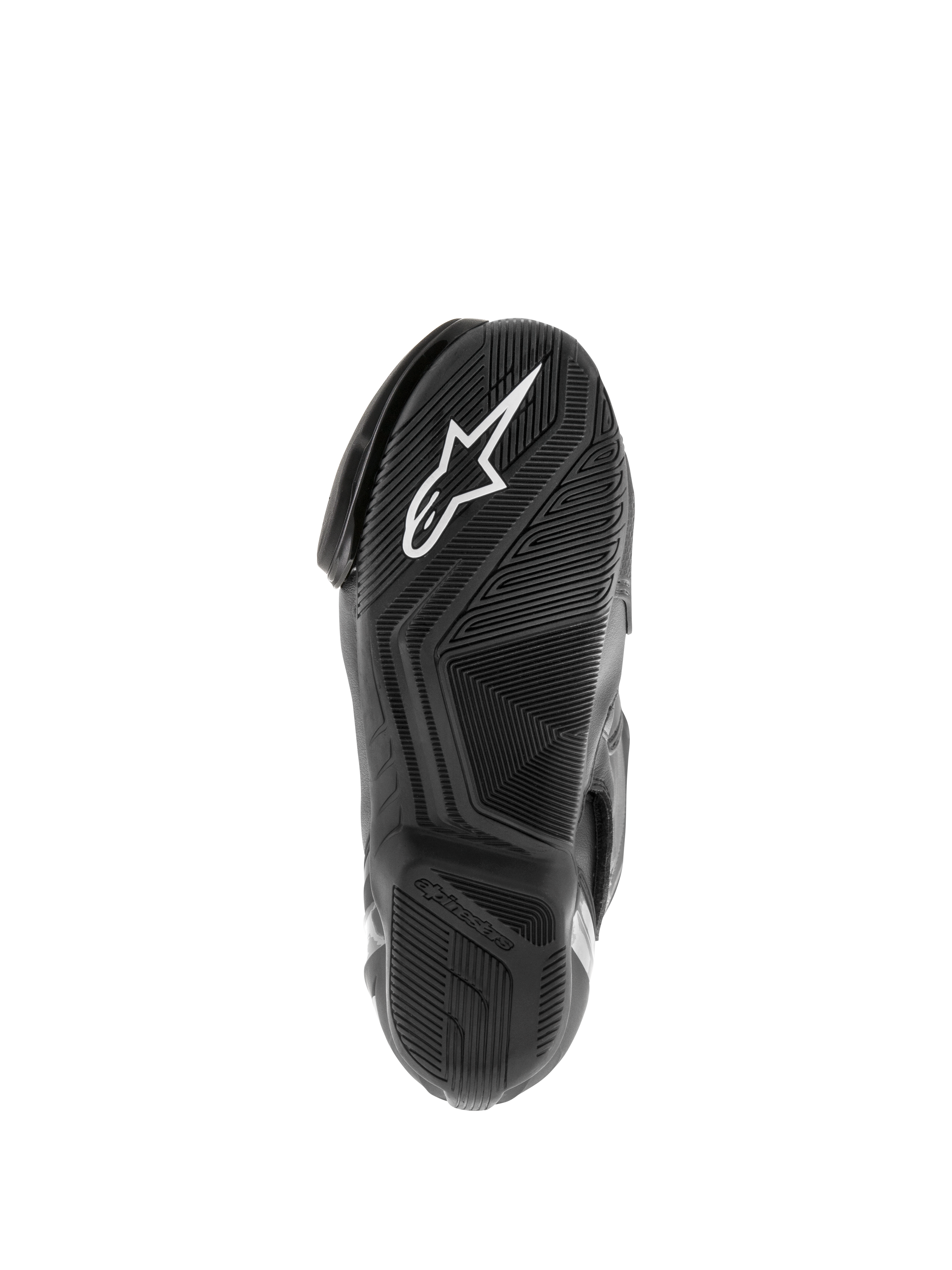 Stivali Alpinestars SMX S Waterproof, stivali da moto, nero, vista della suola in gomma testurizzata con logo Astar bianco e battistrada con disegno per la dispersione dell'acqua