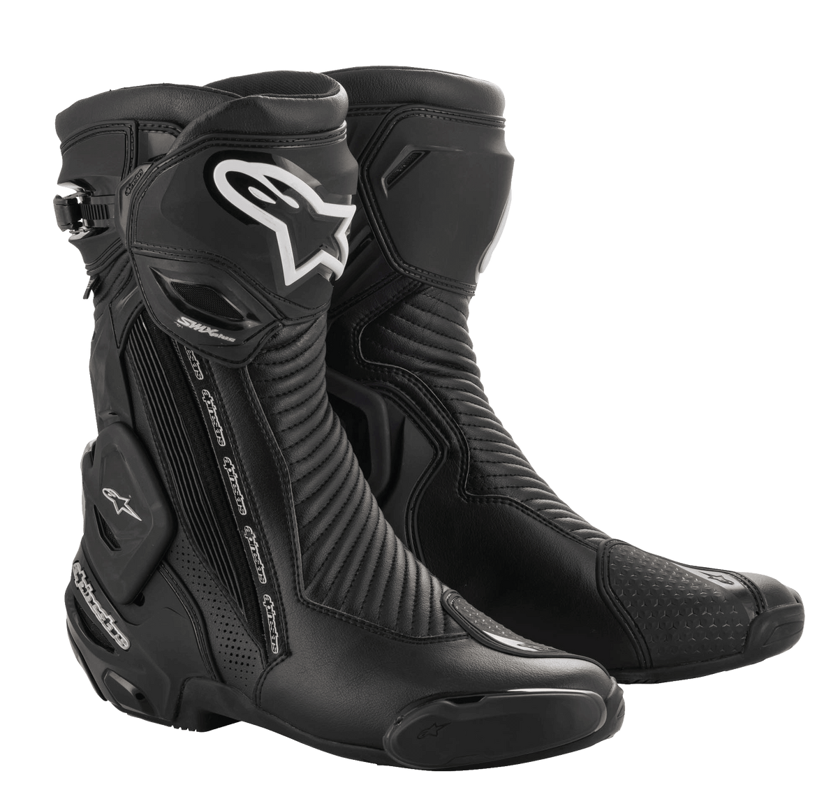 Alpinestars SMX Plus V2 GORE-TEX Boot, stivali da moto racing neri con loghi argento e bianchi, design impermeabile e traspirante, con protezione rinforzata della caviglia, pannelli a fisarmonica flessibili e piastre protettive in TPU per guida racing e sportiva