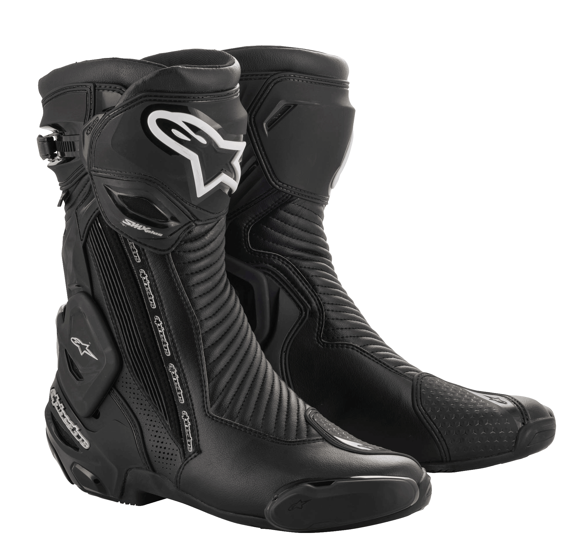 Alpinestars SMX Plus V2 GORE-TEX Boot, stivali da moto racing neri con loghi argento e bianchi, design impermeabile e traspirante, con protezione rinforzata della caviglia, pannelli a fisarmonica flessibili e piastre protettive in TPU per guida racing e sportiva