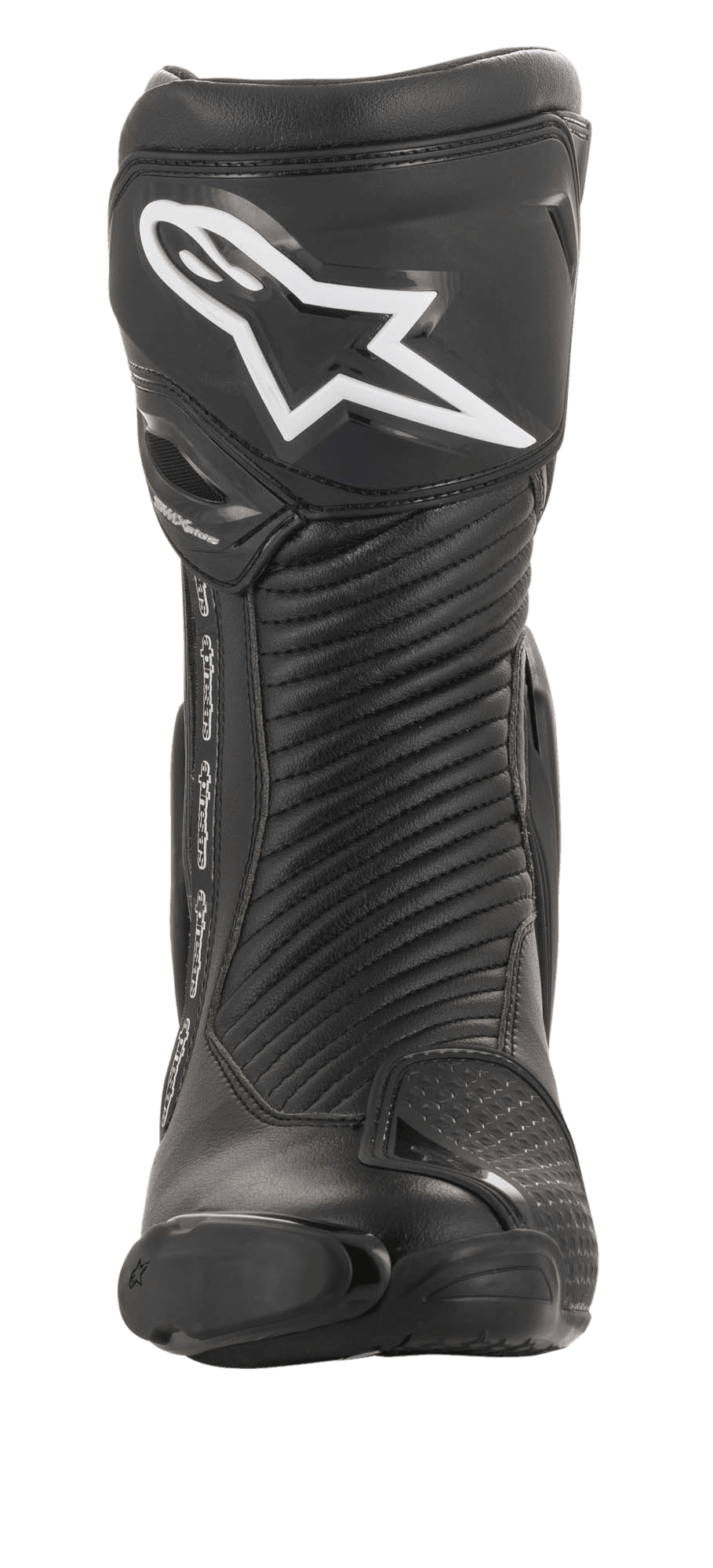Stivale Alpinestars SMX Plus V2 GORE-TEX, stivale da moto racing, nero e argento, vista frontale con logo Alpinestars bianco sulla protezione tibiale, pannelli flessibili a fisarmonica e slider protettivo sulla punta.
