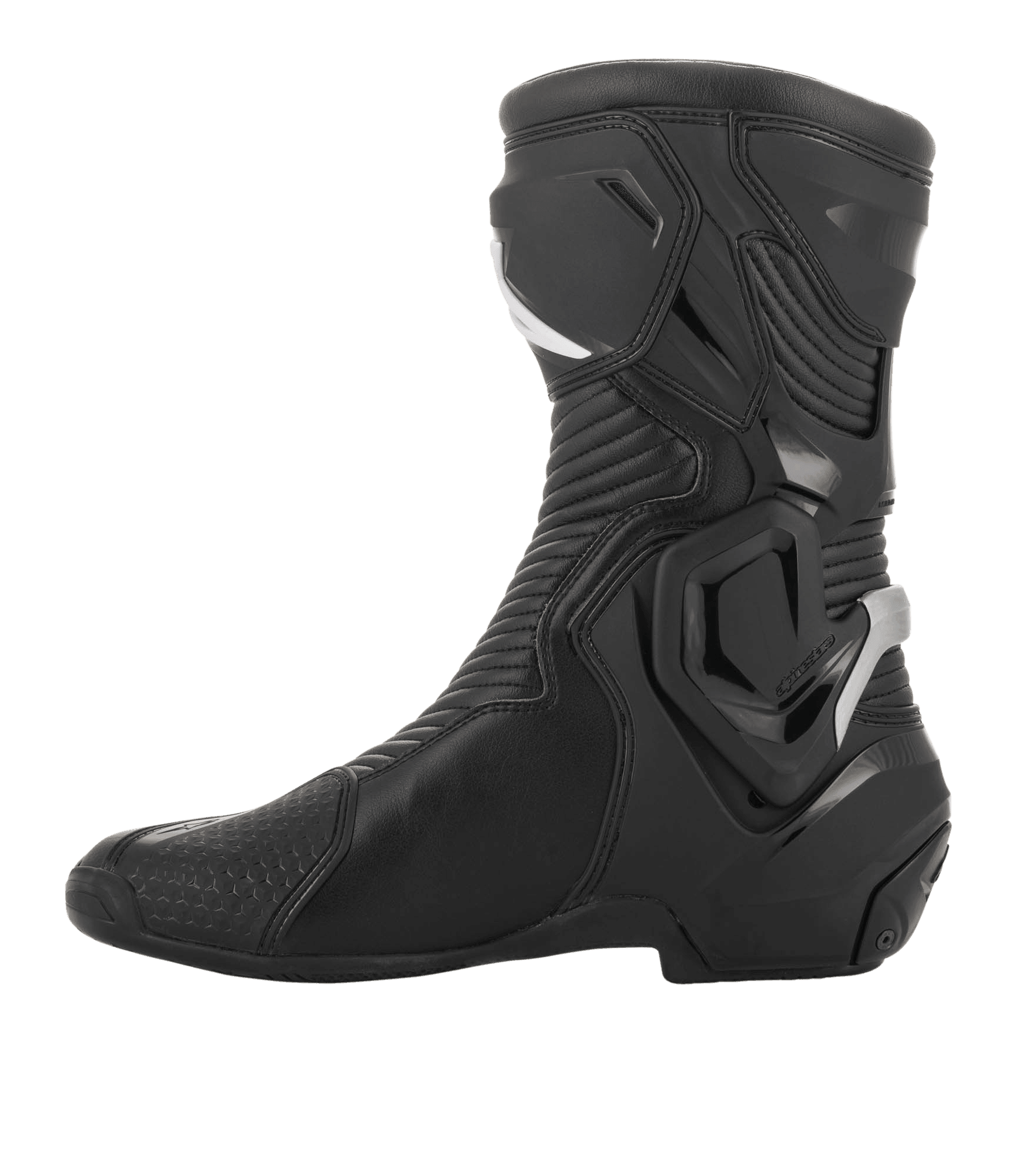 Alpinestars SMX Plus V2 GORE-TEX Boot, stivale da moto performance, nero e argento, vista laterale con costruzione in microfibra avanzata, sistema per la caviglia Multi-Link Control e pannelli a fisarmonica flessibili per piloti sportivi e touring.