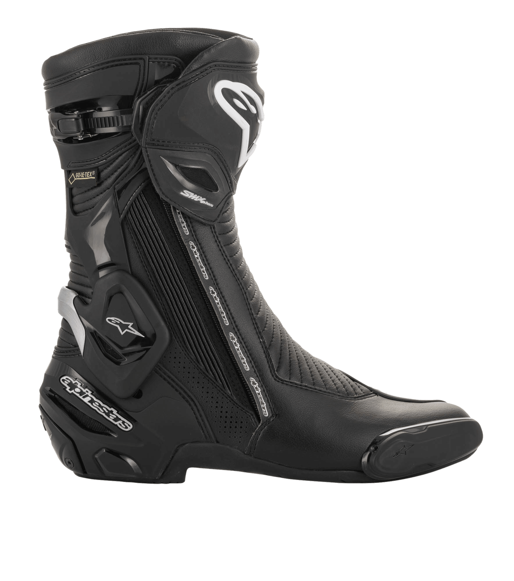 Stivale Alpinestars SMX Plus V2 GORE-TEX, calzatura sportiva da moto, nero e argento, vista laterale con logo Alpinestars bianco, placca parastinchi protettiva e marchio GORE-TEX, progettato per corse ad alte prestazioni e guida su strada