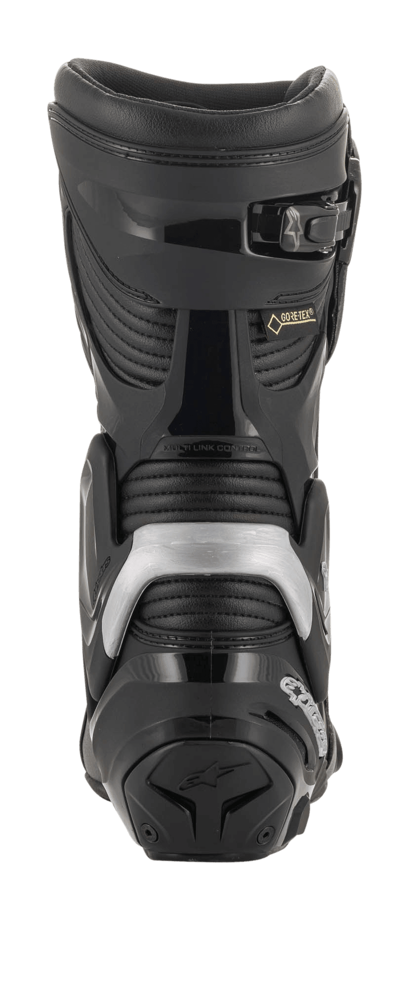 Alpinestars SMX Plus V2 GORE-TEX Boot, vista posteriore, nero e argento, con sistema Multi-Link Control, protezione tallone in TPU e pannelli elasticizzati a fisarmonica per racing e touring