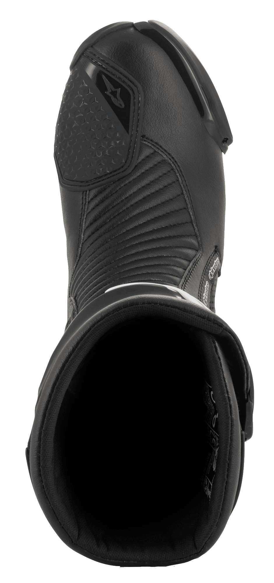 Stivale Alpinestars SMX Plus V2 GORE-TEX, stivale racing da moto, nero, vista dall'alto dell'apertura d'ingresso, fodera interna e pannelli flessibili a fisarmonica in microfibra sul collo del piede