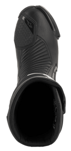 Stivale Alpinestars SMX Plus V2 GORE-TEX, stivale racing da moto, nero, vista dall'alto dell'apertura d'ingresso, fodera interna e pannelli flessibili a fisarmonica in microfibra sul collo del piede