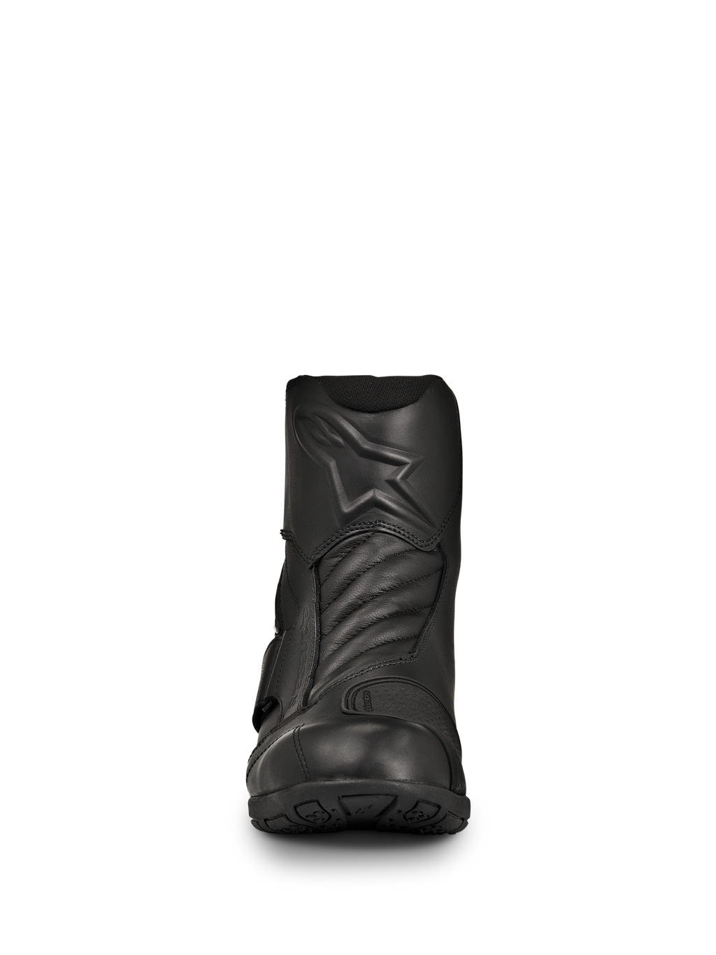 Stivali Alpinestars New Land GORE-TEX, stivali da moto road-touring neri, vista frontale, costruzione in pelle pieno fiore con logo a stella in rilievo, zone di flessione a soffietto anteriori, design impermeabile di altezza media per viaggi a lunga distanza