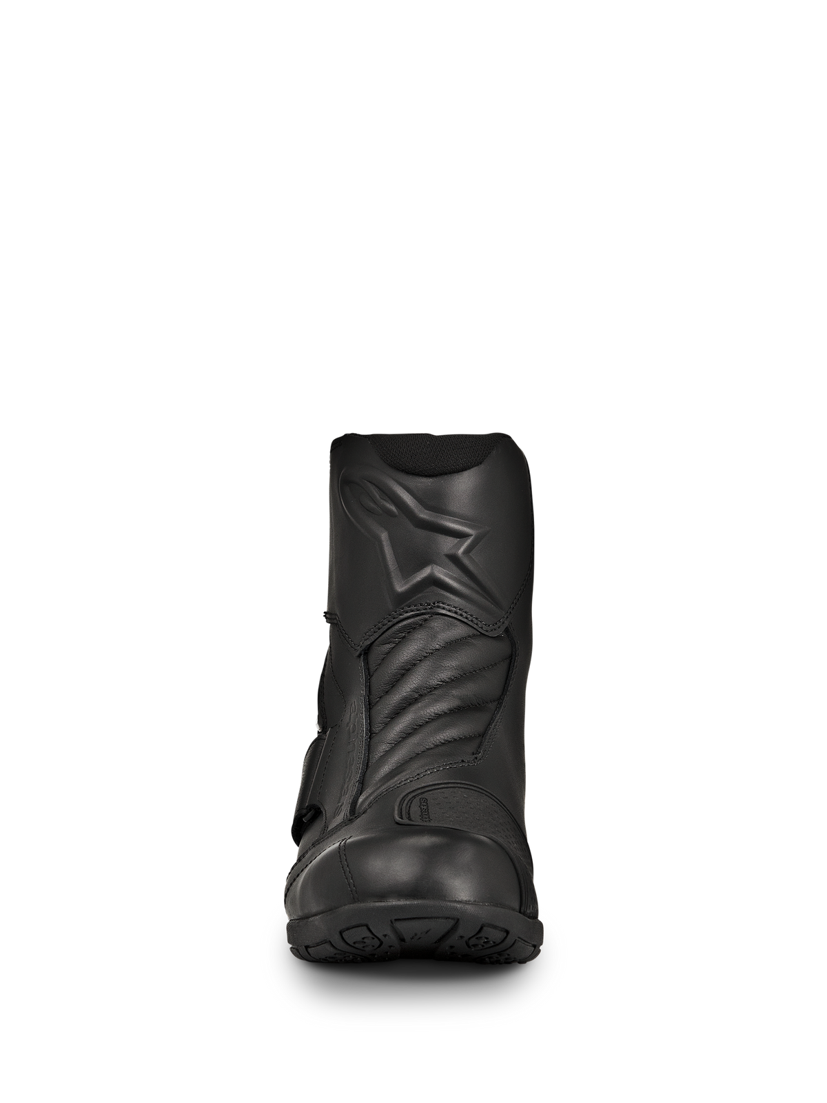 Stivali Alpinestars New Land GORE-TEX, stivali da moto road-touring neri, vista frontale, costruzione in pelle pieno fiore con logo a stella in rilievo, zone di flessione a soffietto anteriori, design impermeabile di altezza media per viaggi a lunga distanza