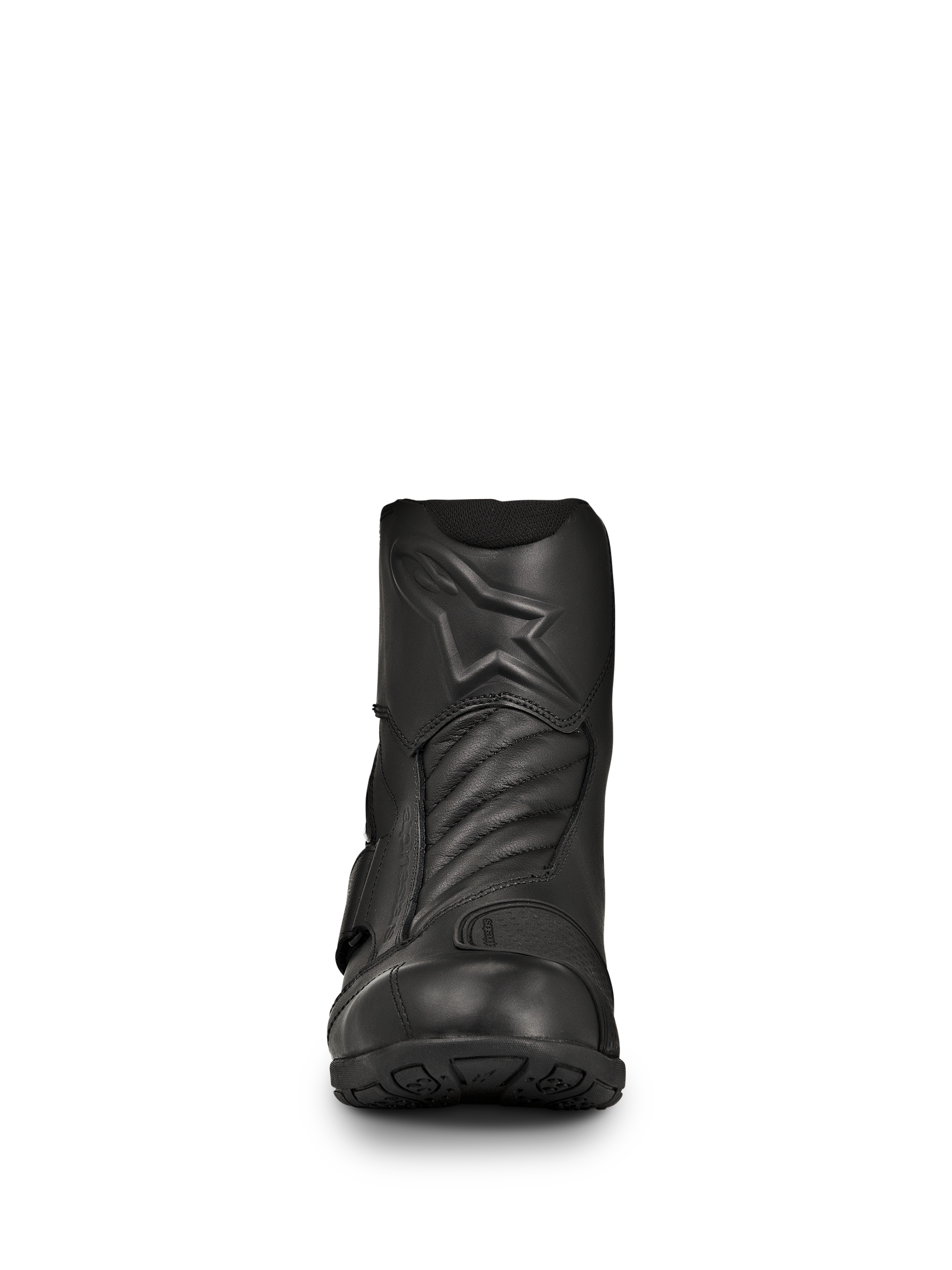 Stivali Alpinestars New Land GORE-TEX, stivali da moto road-touring neri, vista frontale, costruzione in pelle pieno fiore con logo a stella in rilievo, zone di flessione a soffietto anteriori, design impermeabile di altezza media per viaggi a lunga distanza
