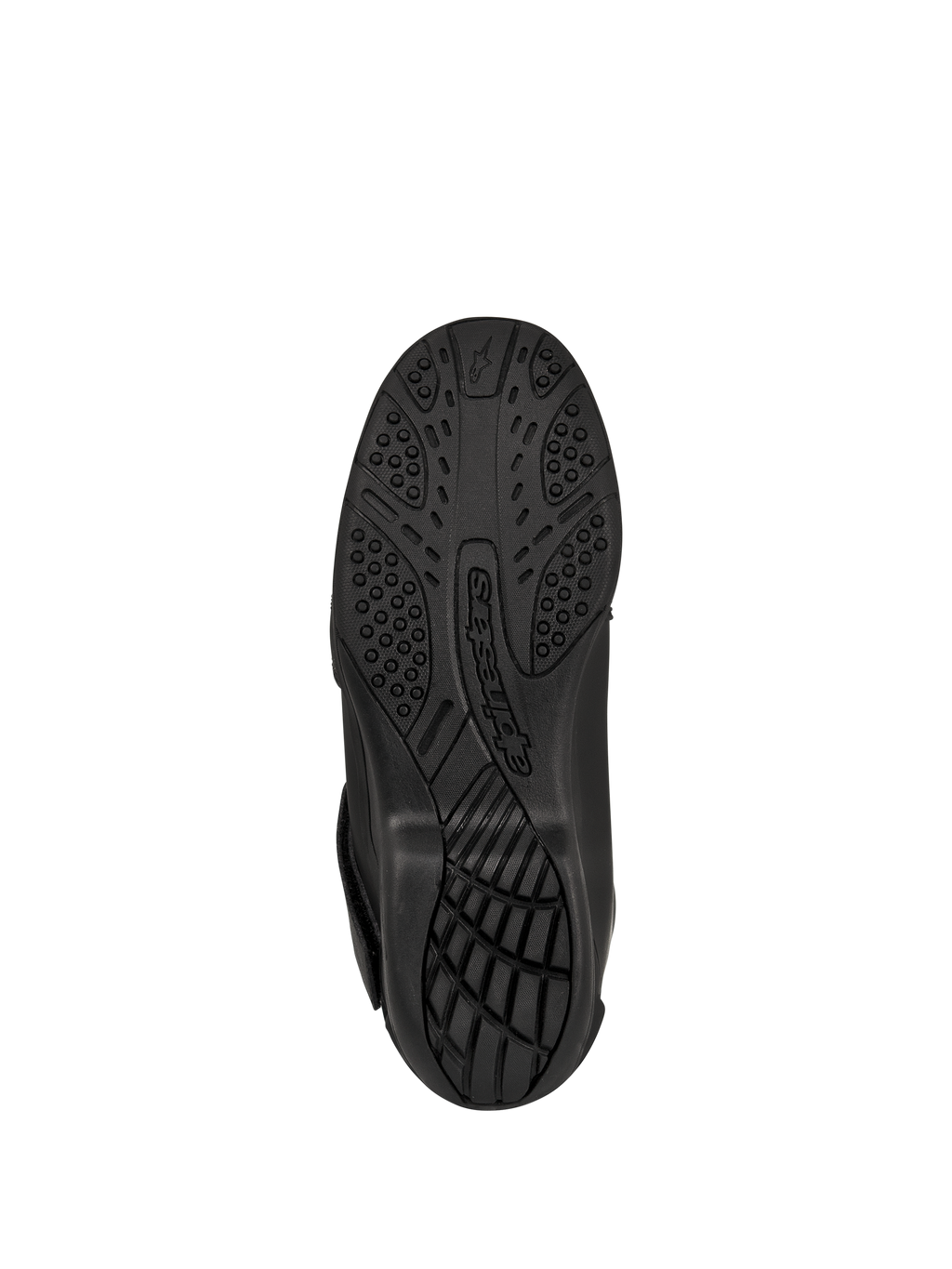 Stivali Alpinestars New Land GORE-TEX, nero, vista dal basso della suola in mescola di gomma vulcanizzata, battistrada testurizzato per aderenza e trazione, con logo Alpinestars in rilievo, calzature da moto road-touring