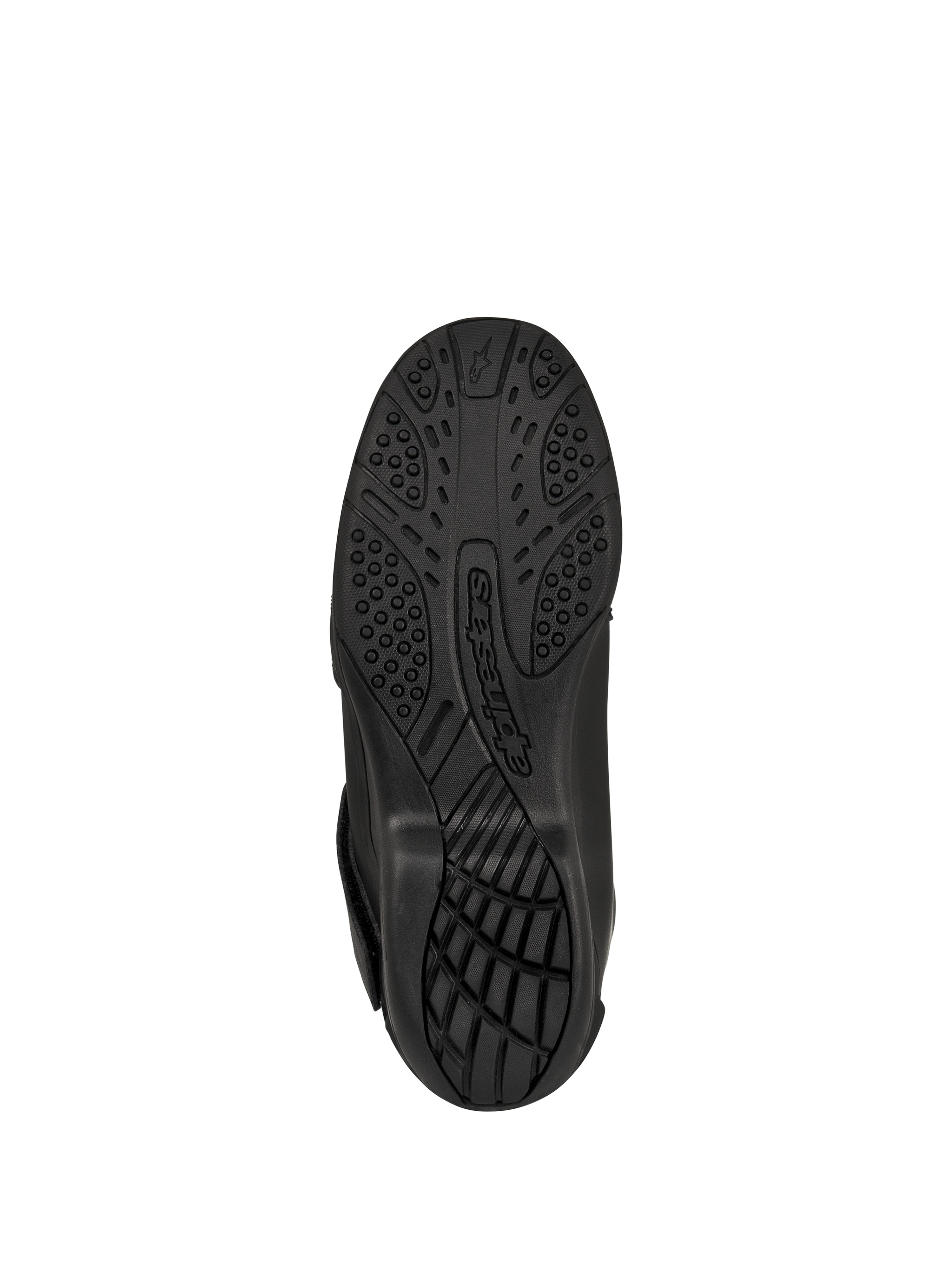 Stivali Alpinestars New Land GORE-TEX, nero, vista dal basso della suola in mescola di gomma vulcanizzata, battistrada testurizzato per aderenza e trazione, con logo Alpinestars in rilievo, calzature da moto road-touring