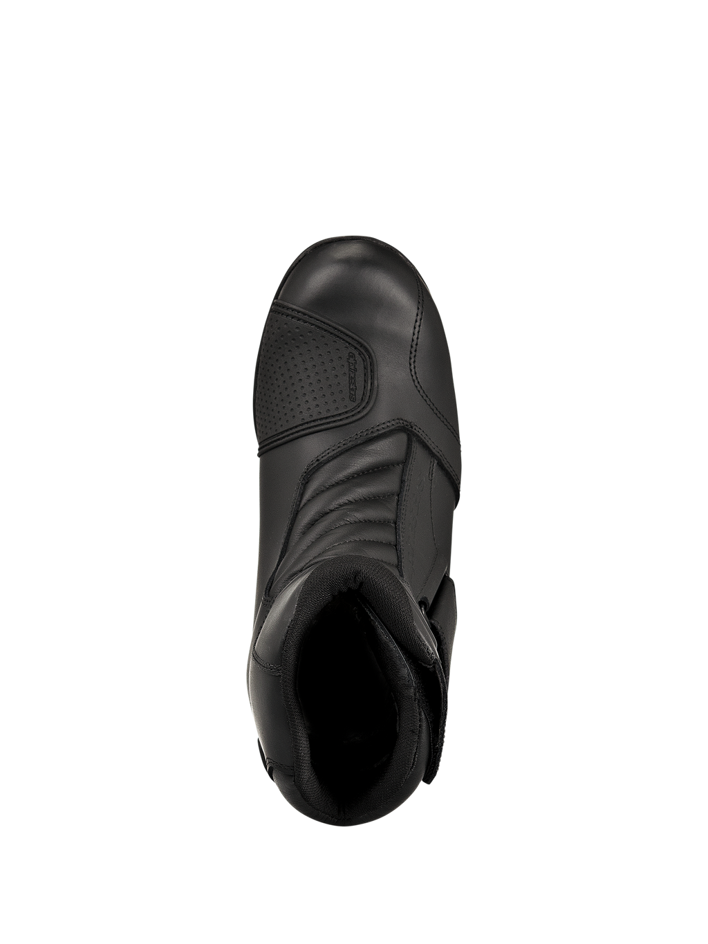 Stivali Alpinestars New Land GORE-TEX, nero, vista dall'alto, con costruzione in pelle pieno fiore, zone di flessione a soffietto anteriori e paracolpi rinforzato, stivali da moto road touring impermeabili di media altezza
