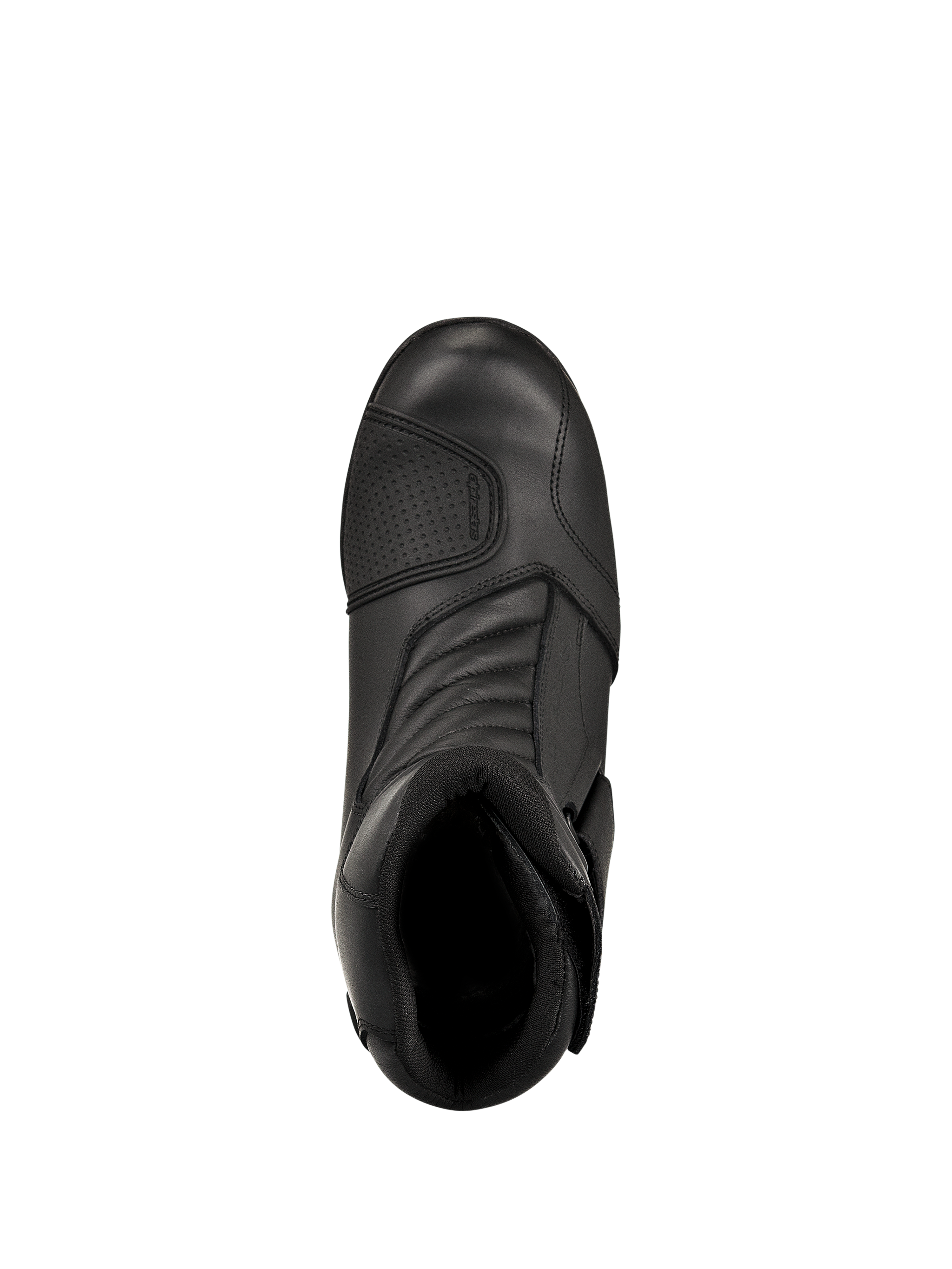 Stivali Alpinestars New Land GORE-TEX, nero, vista dall'alto, con costruzione in pelle pieno fiore, zone di flessione a soffietto anteriori e paracolpi rinforzato, stivali da moto road touring impermeabili di media altezza