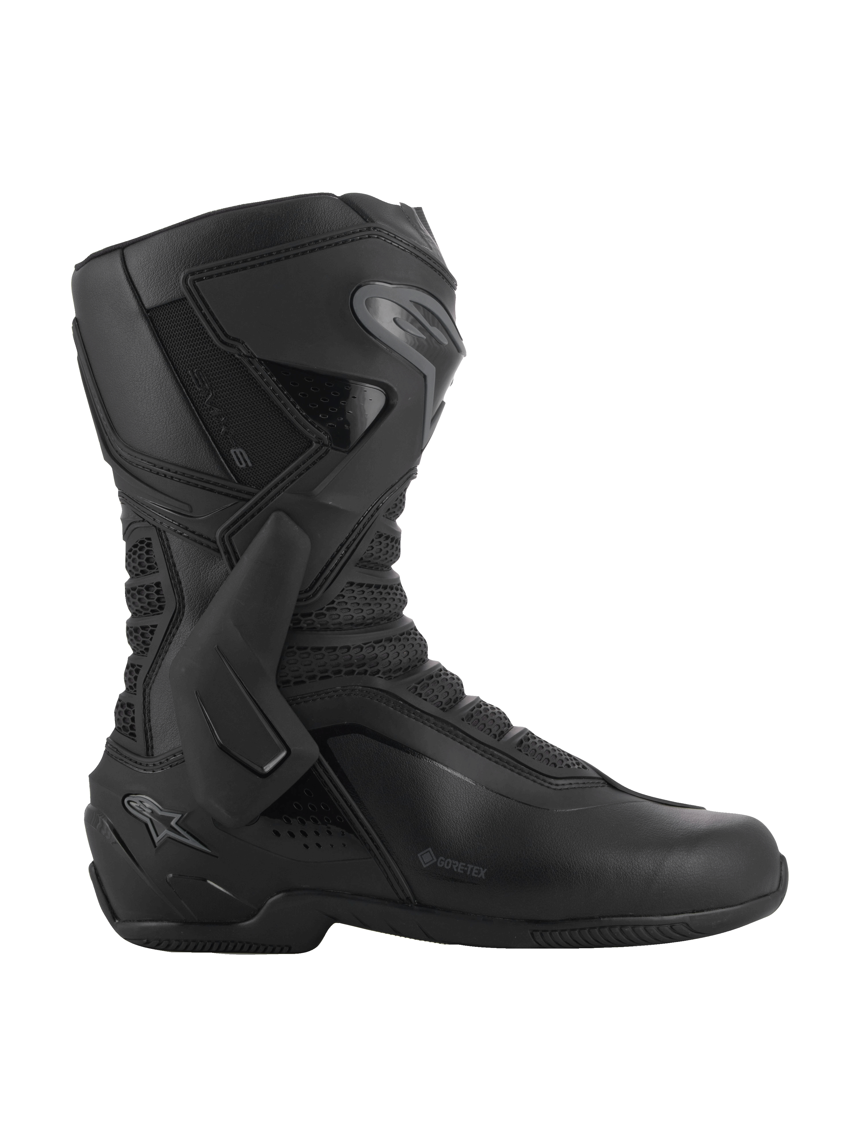 Stivali Alpinestars SMX-6 V3 GORE-TEX, nero e grigio scuro, stivali da moto impermeabili e performanti, dotati di supporto laterale per la caviglia in TPU e protezione per la tibia, costruzione ergonomica in microfibra con pannelli in mesh 3D, logo GORE-TEX sul lato, calzature specializzate per prestazioni su pista e strada