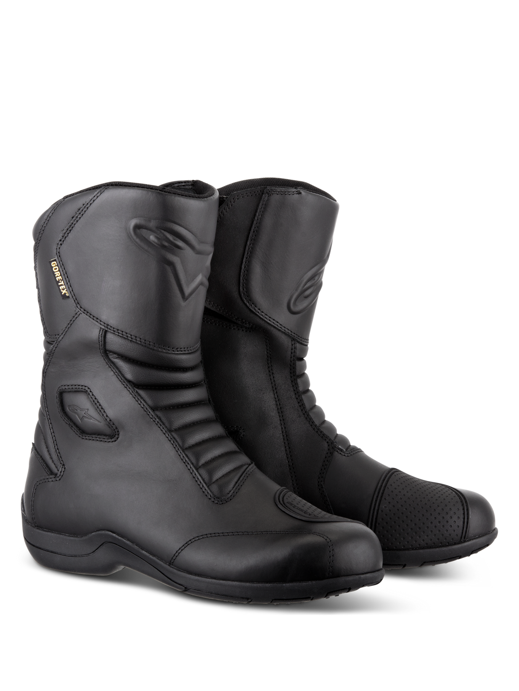 Stivali Alpinestars Web GORE-TEX, stivali da moto touring impermeabili neri, costruzione in pelle con zone di flessione a soffietto anteriori e posteriori, paraleva rinforzato e design con ingresso laterale per la guida su strada.