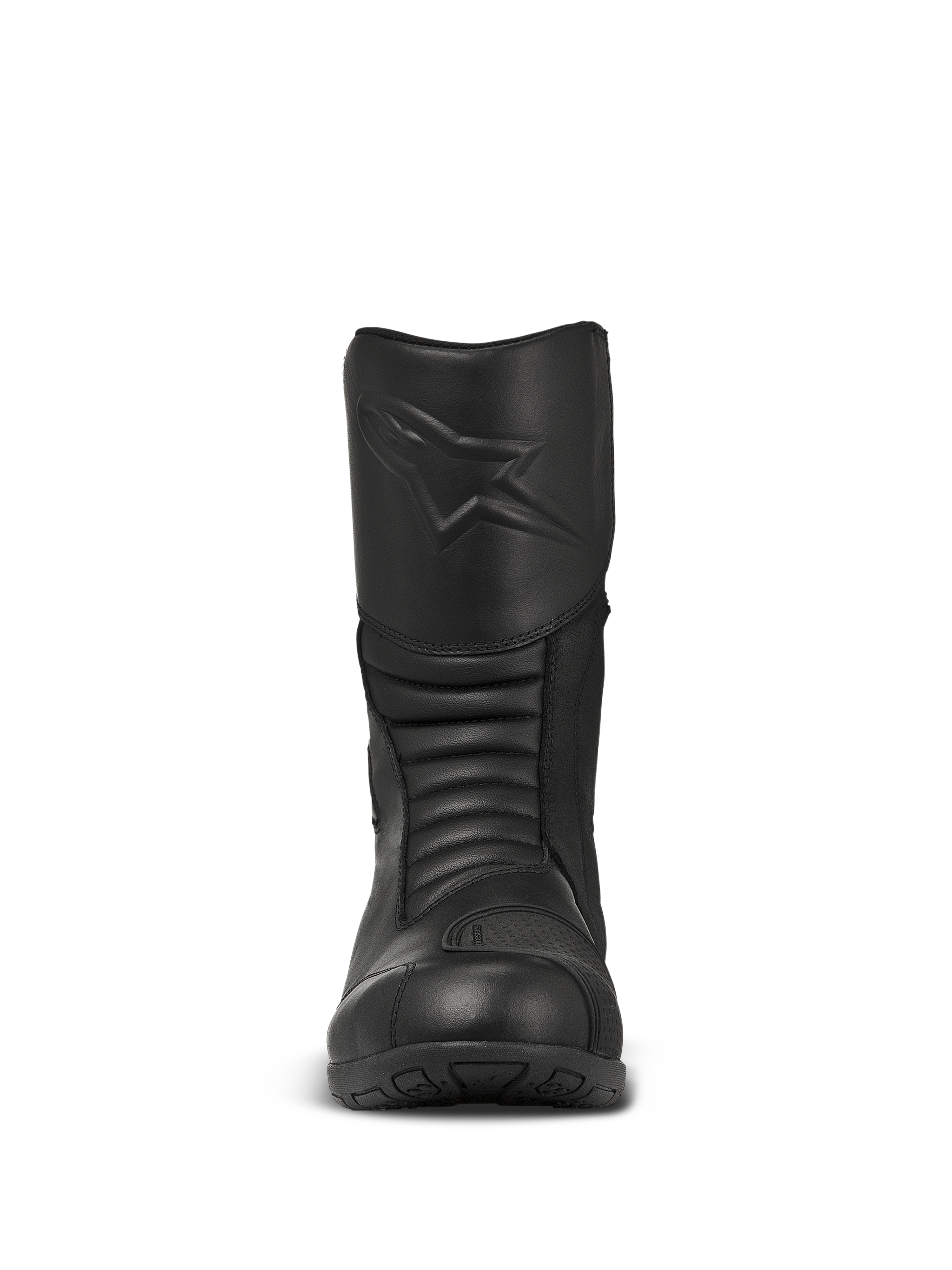Alpinestars Web GORE-TEX Boots, stivali da moto touring neri, vista frontale con logo a stella goffrato sullo stinco, zone di flessione a fisarmonica per la manovrabilità e costruzione in pelle resistente