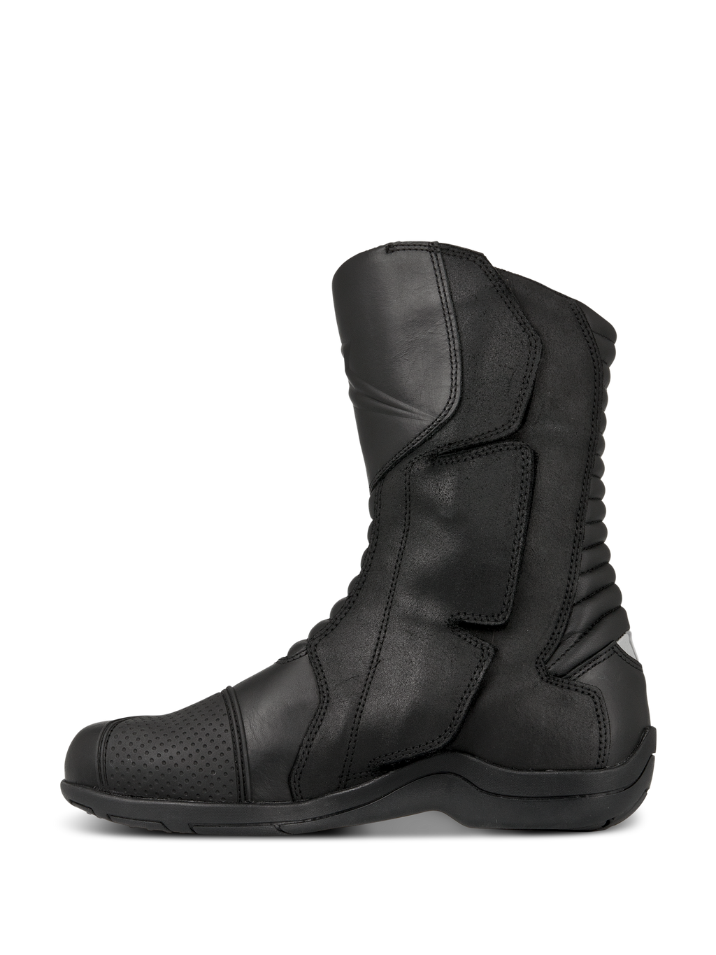 Alpinestars Web GORE-TEX Boots, stivali da moto touring, nero, vista di profilo laterale che mostra la costruzione in pelle, sistema di ingresso laterale con ampia patta di chiusura e zone di flessione a soffietto posteriori per la manovrabilità